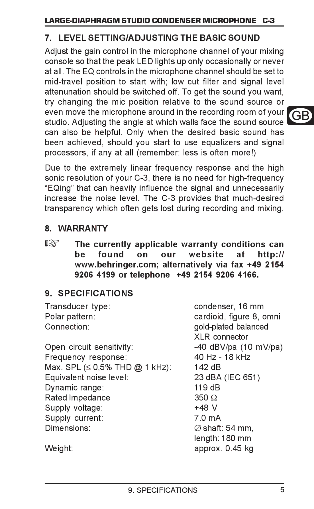 Behringer C-3 user manual Level SETTING/ADJUSTING the Basic Sound, Warranty Specifications 