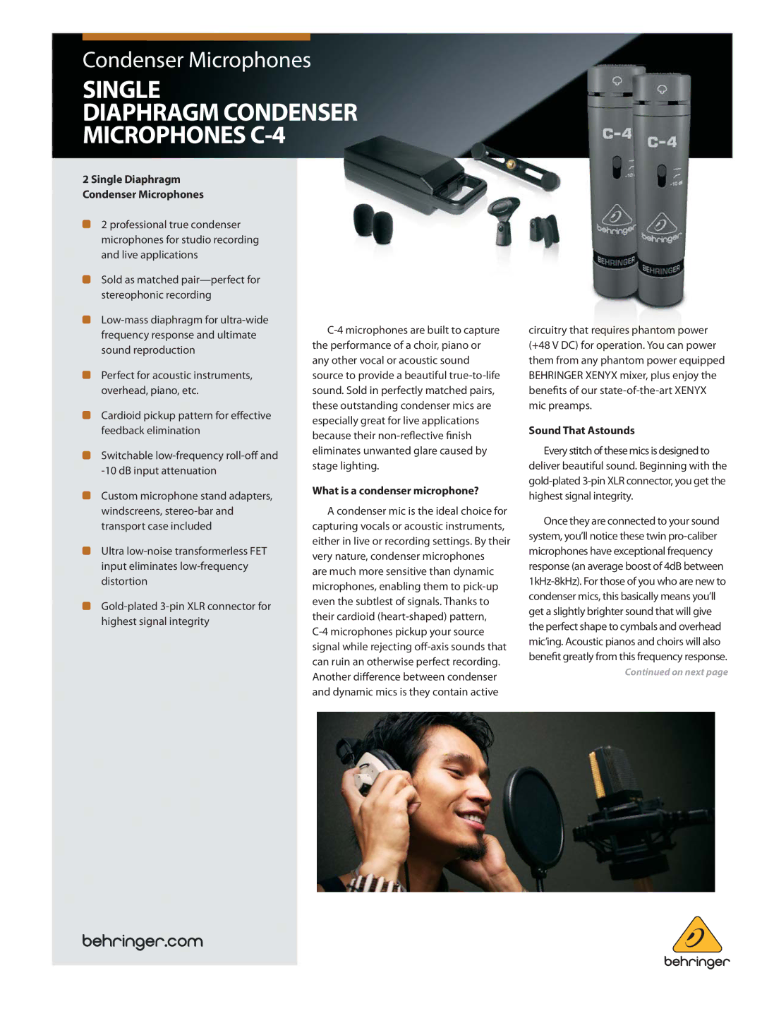 Behringer C-4 manual Single Diaphragm Condenser Microphones, What is a condenser microphone?, Sound That Astounds 