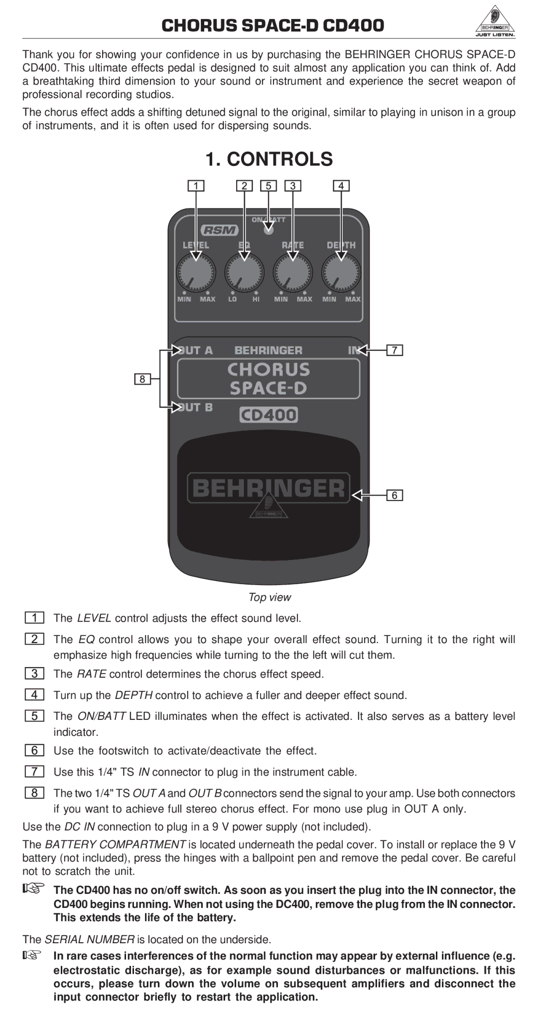 Behringer manual Chorus SPACE-D CD400, Controls, Top view 