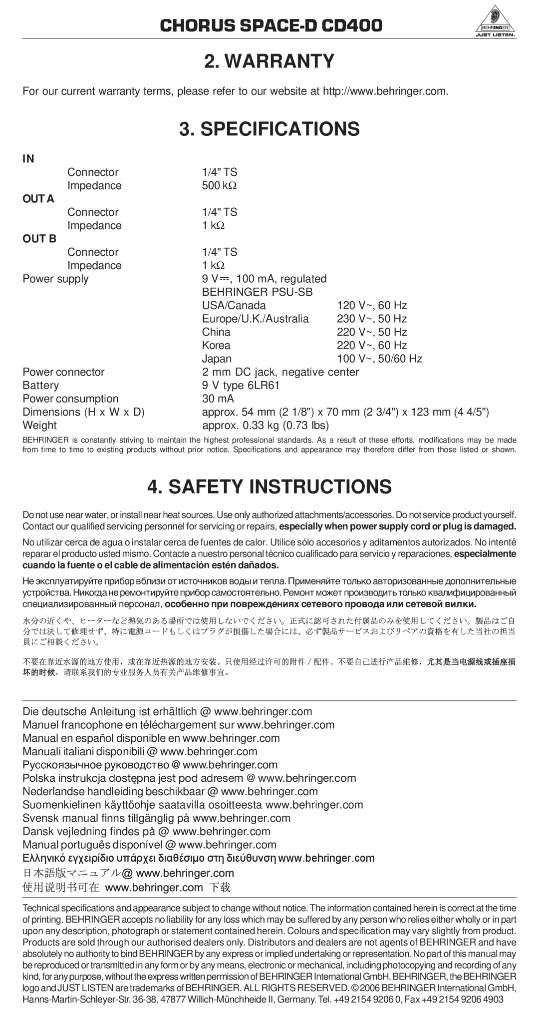 Behringer manual Chorus SPACE-D CD400 Warranty Specifications, Safety Instructions, OUT a, Out B, Behringer PSU-SB 