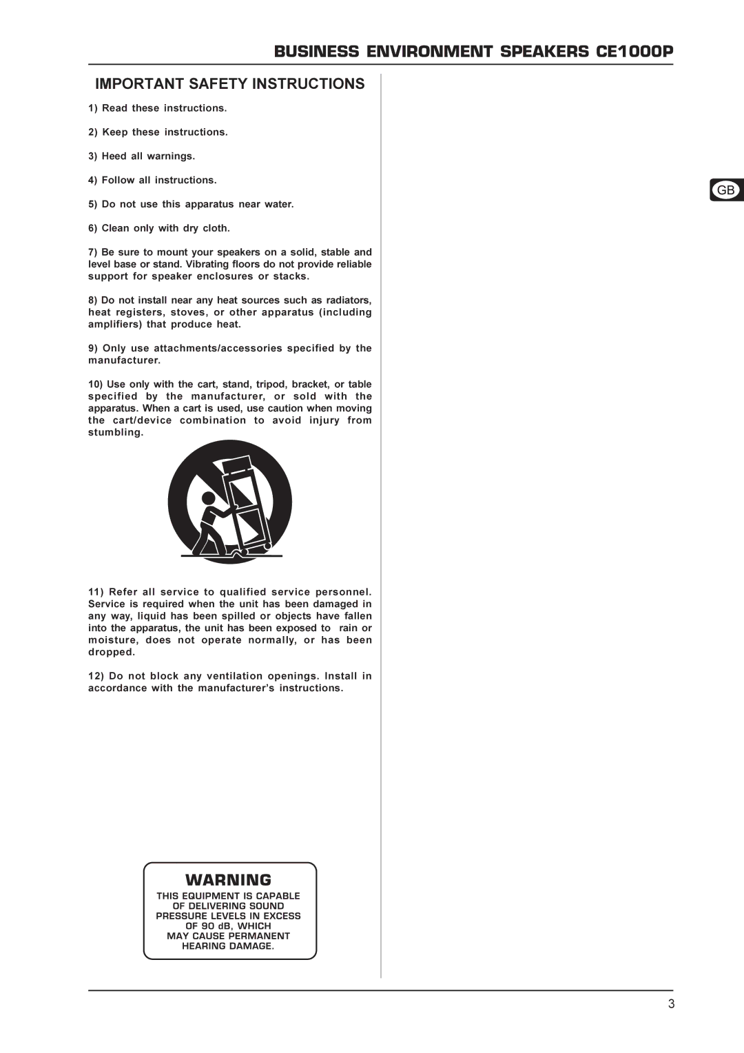 Behringer CE1000P manual Important Safety Instructions 