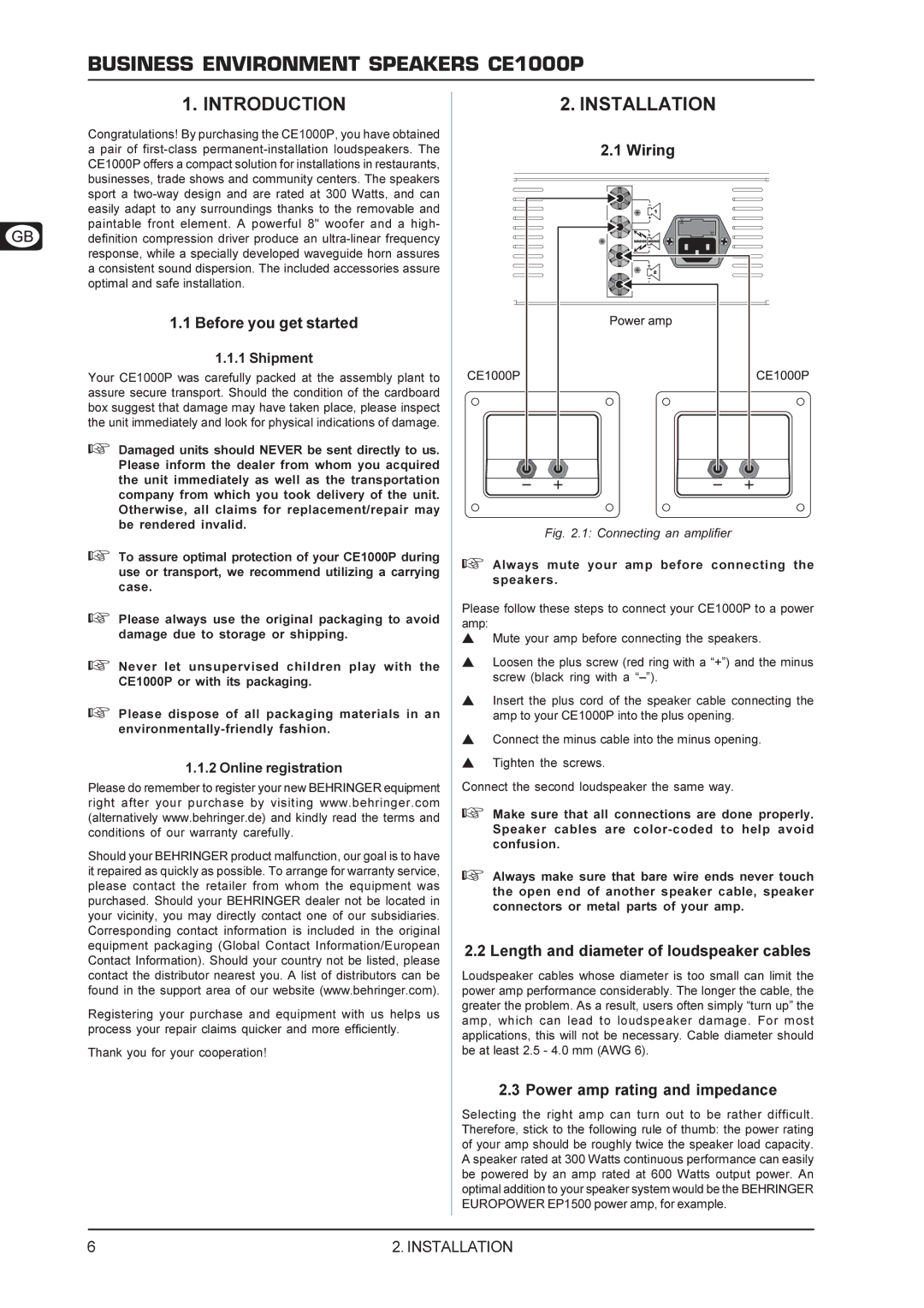 Behringer CE1000P manual Introduction, Installation 