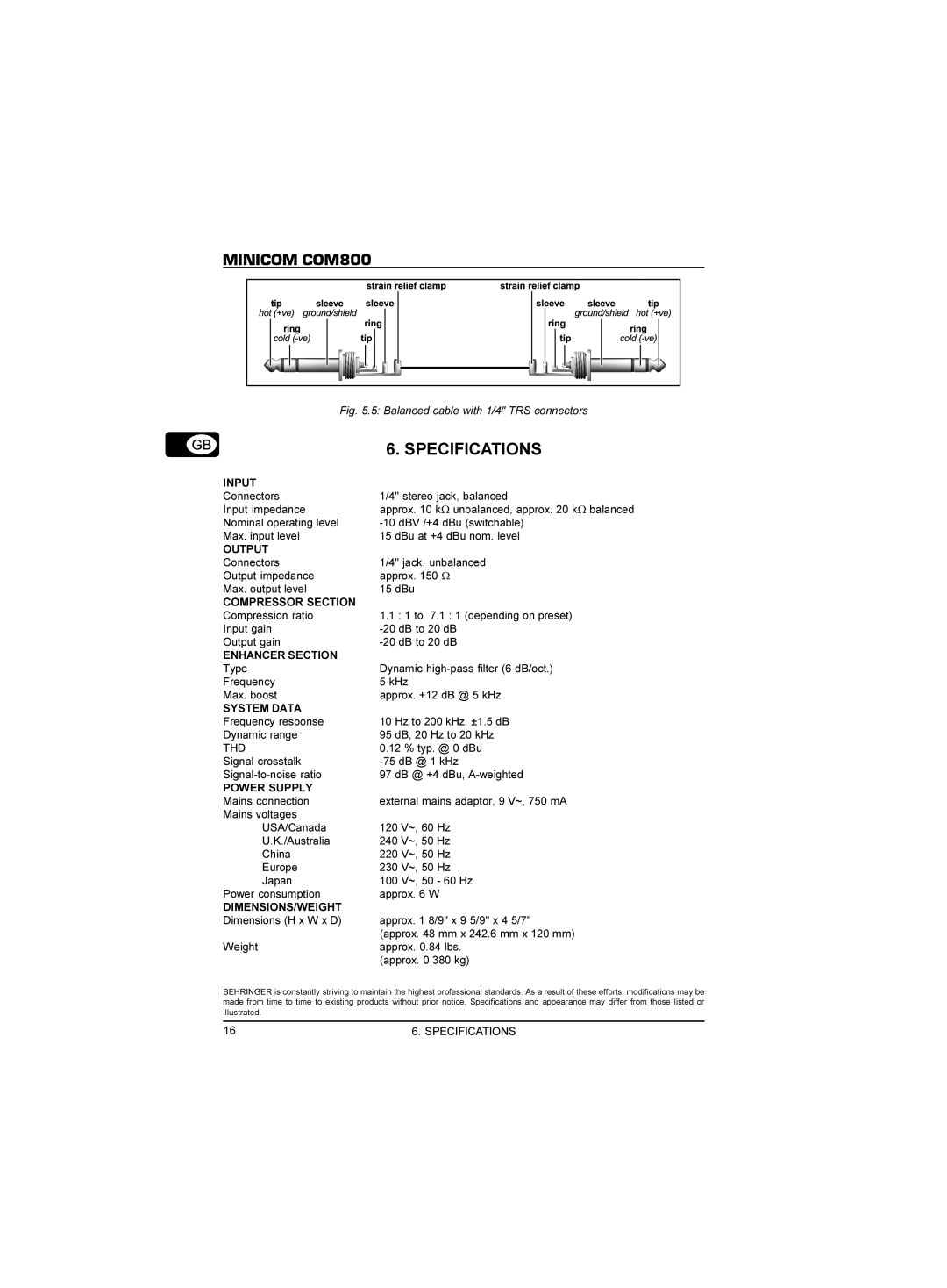 Behringer COM800 manual Specifications 