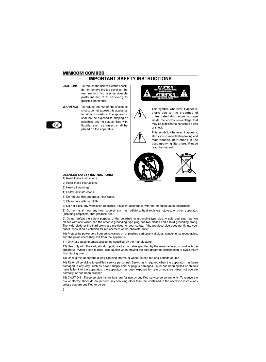 Behringer manual Minicom COM800, Important Safety Instructions 