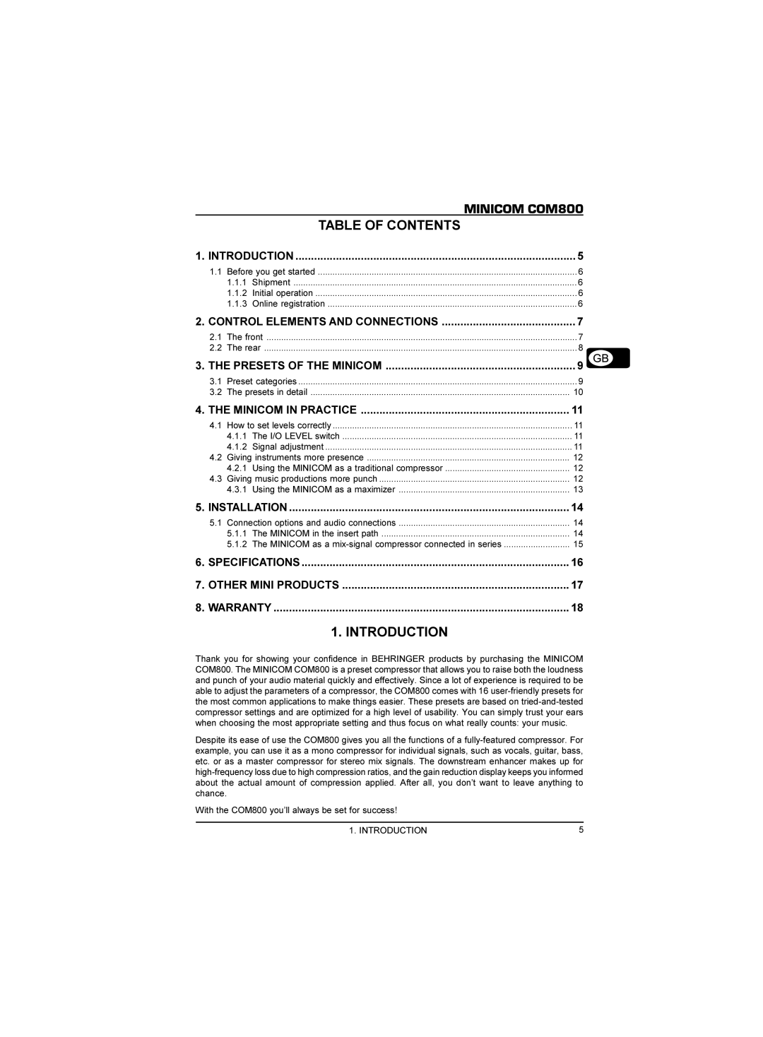 Behringer COM800 manual Table of Contents, Introduction 