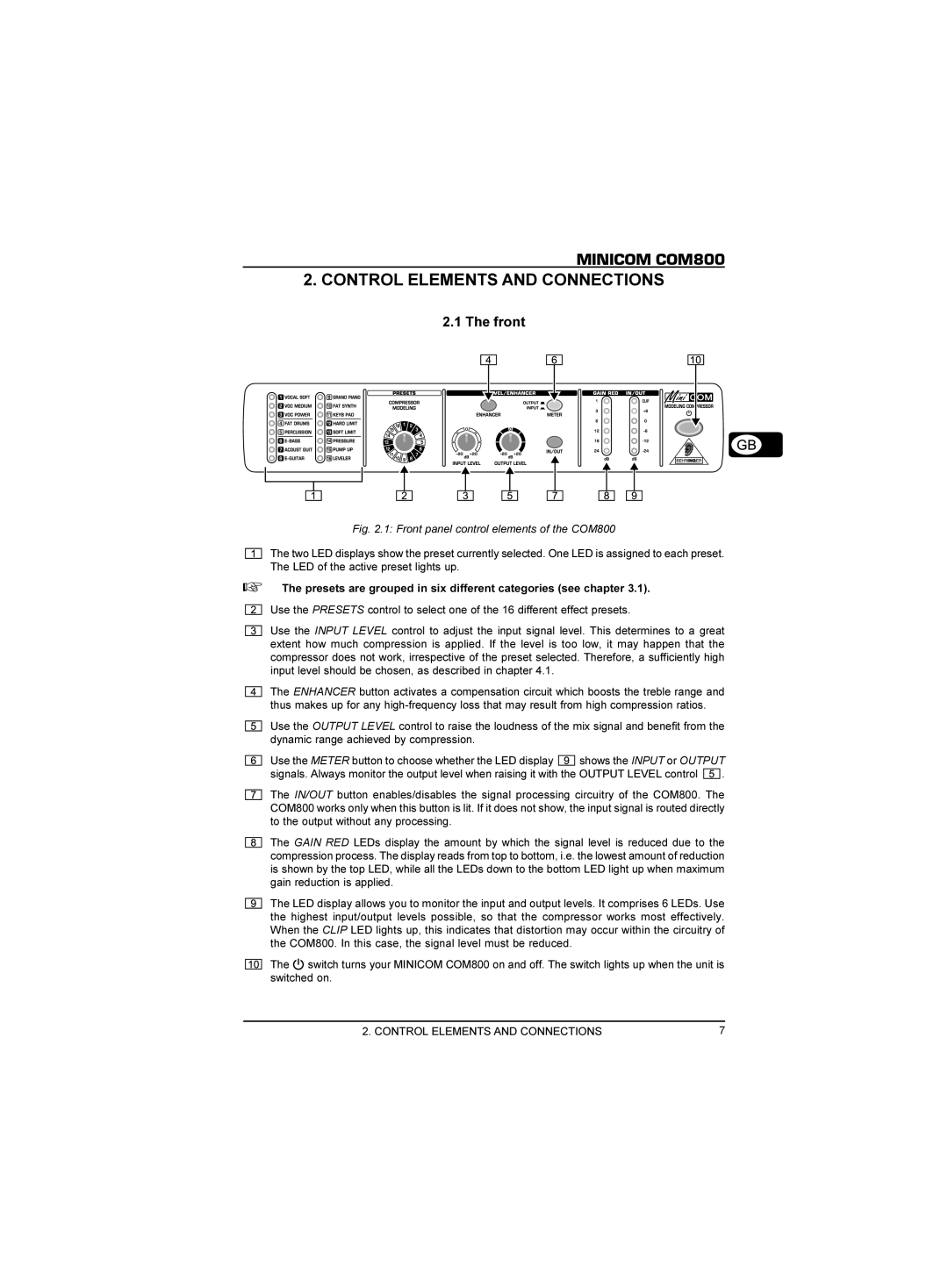 Behringer COM800 manual Control Elements and Connections, Front 