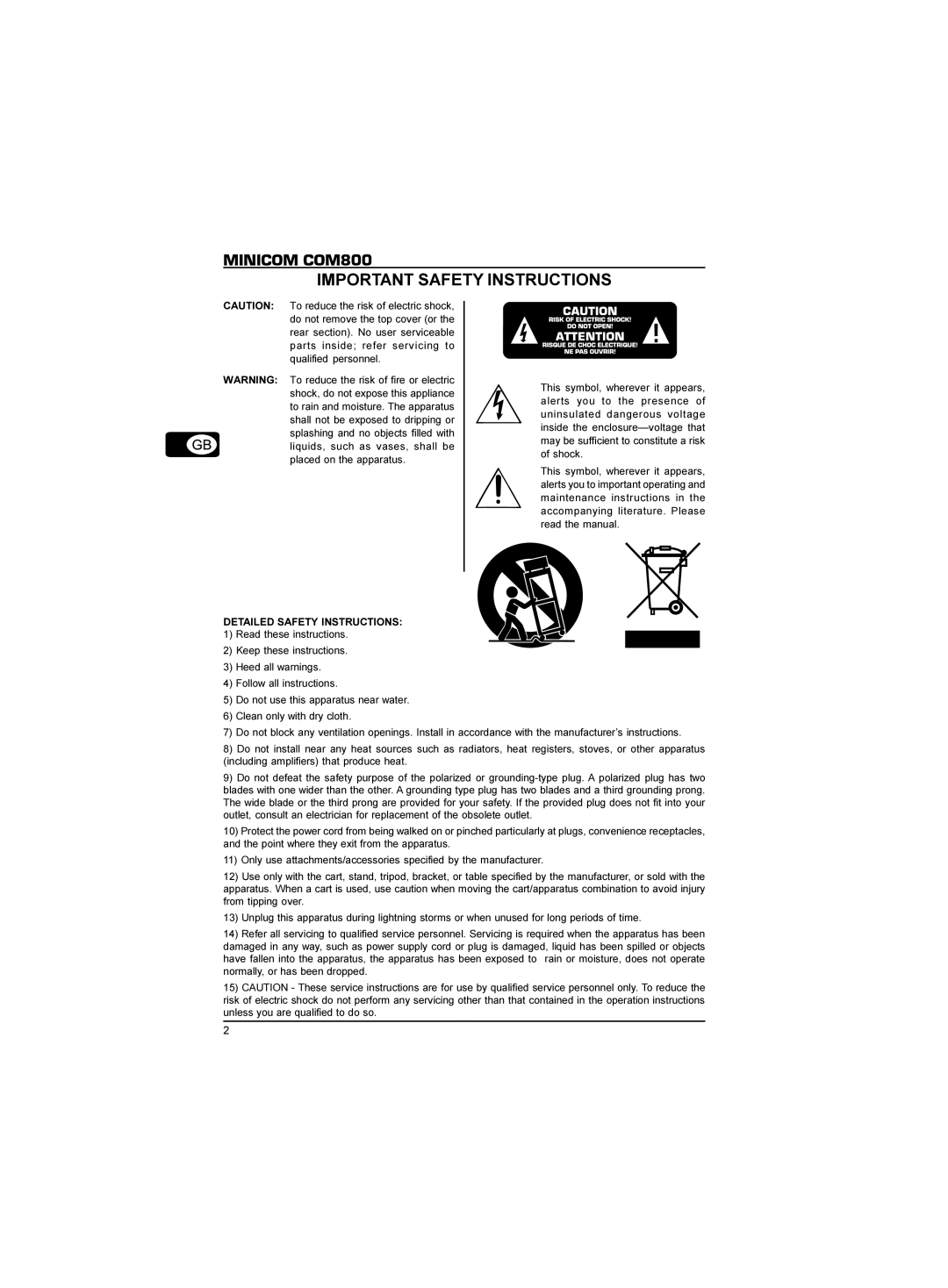 Behringer manual MINICOM COM800, Important Safety Instructions 