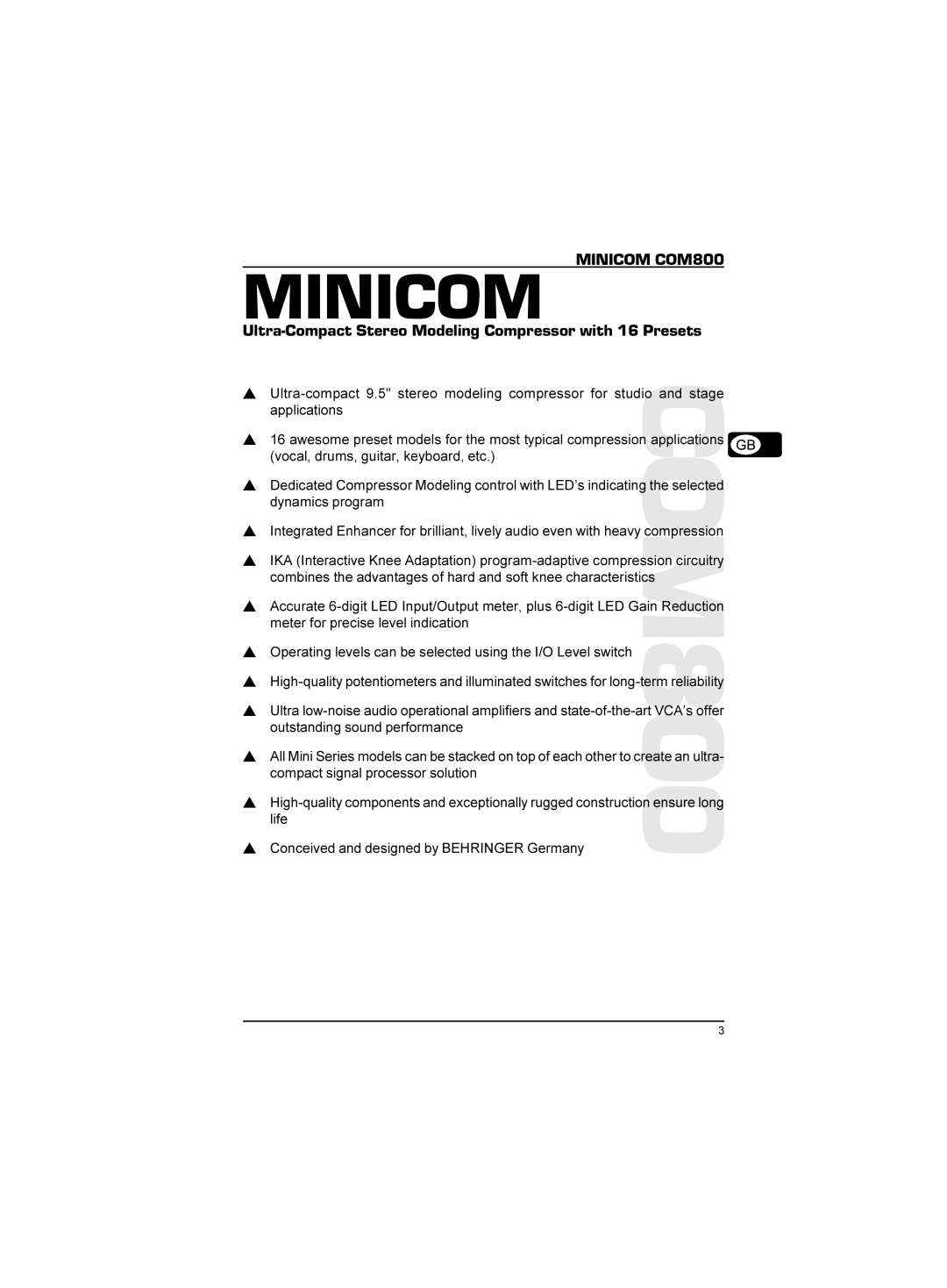 Behringer manual MINICOM MINICOM COM800, Ultra-Compact Stereo Modeling Compressor with 16 Presets 