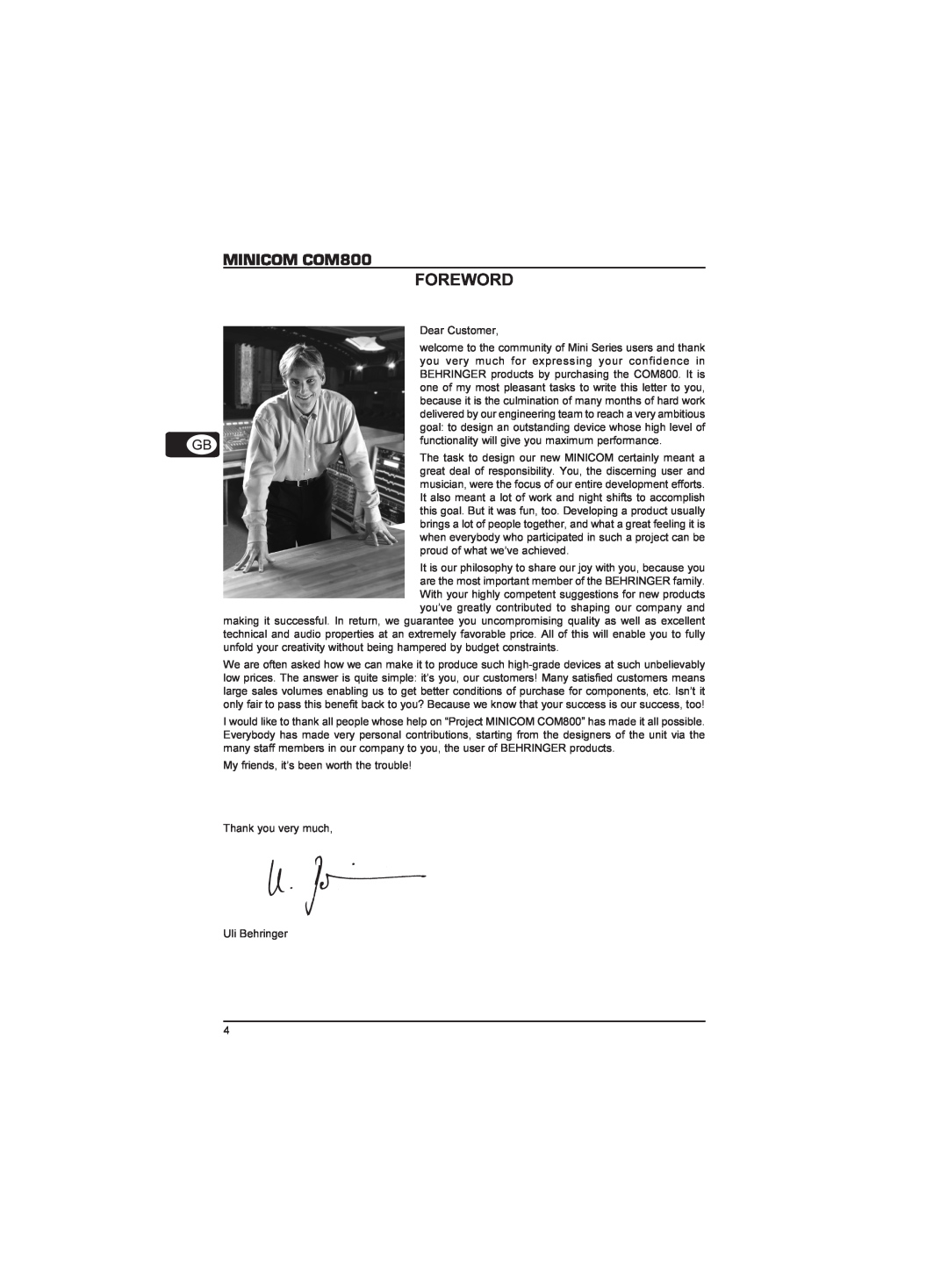 Behringer manual Foreword, MINICOM COM800 