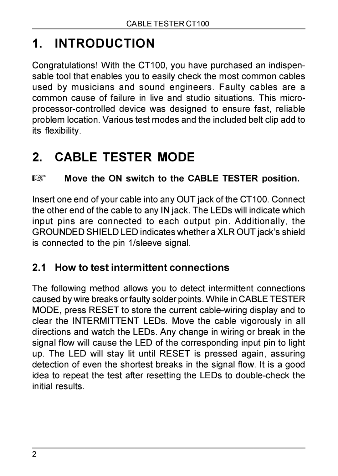 Behringer CT100 manual Introduction, Cable Tester Mode, How to test intermittent connections 