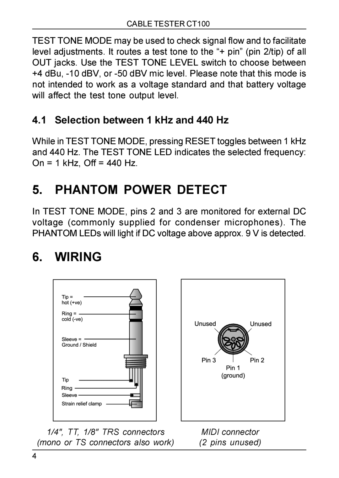 Behringer CT100 manual Phantom Power Detect, Wiring, Selection between 1 kHz and 440 Hz 