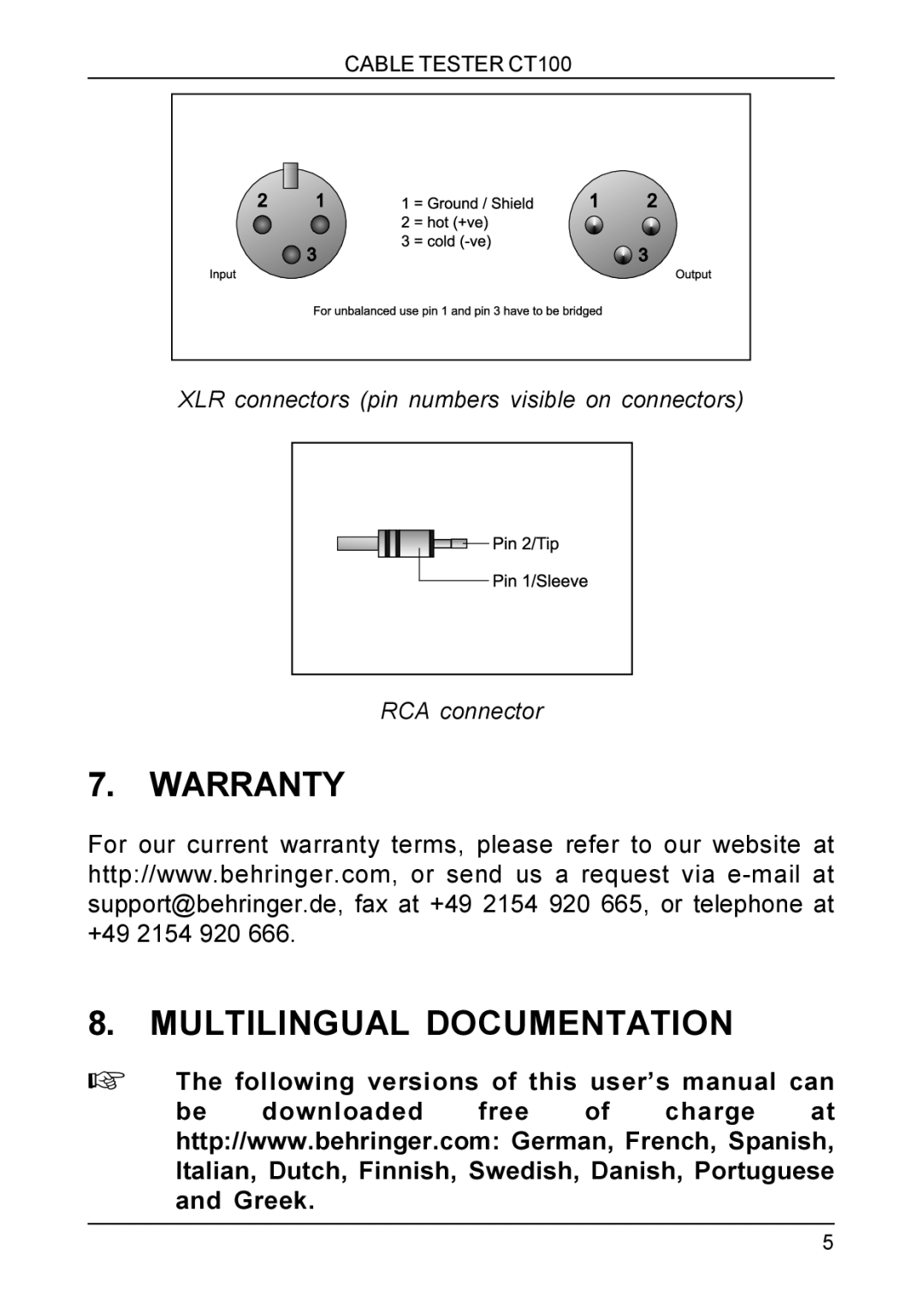 Behringer CT100 Warranty Multilingual Documentation, + The following versions of this user’s manual can 