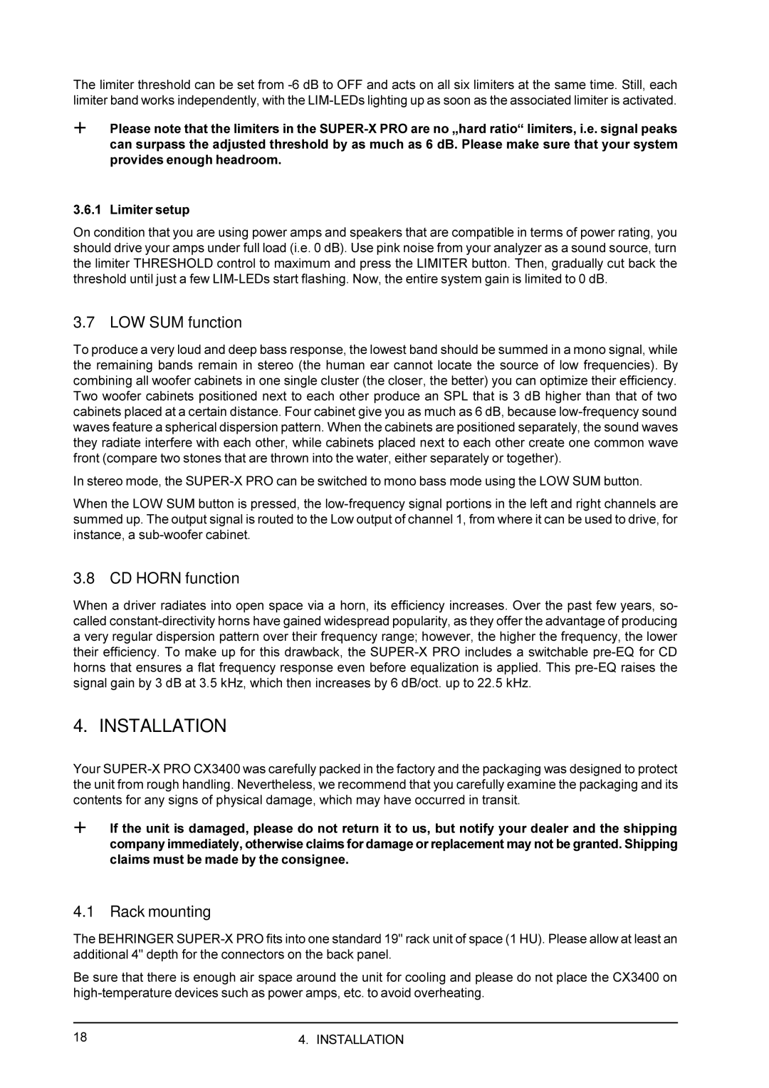 Behringer CX3400 manual Installation, LOW SUM function, CD Horn function, Rack mounting 