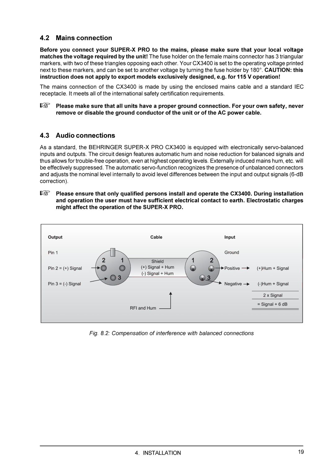 Behringer CX3400 manual Mains connection, Audio connections 