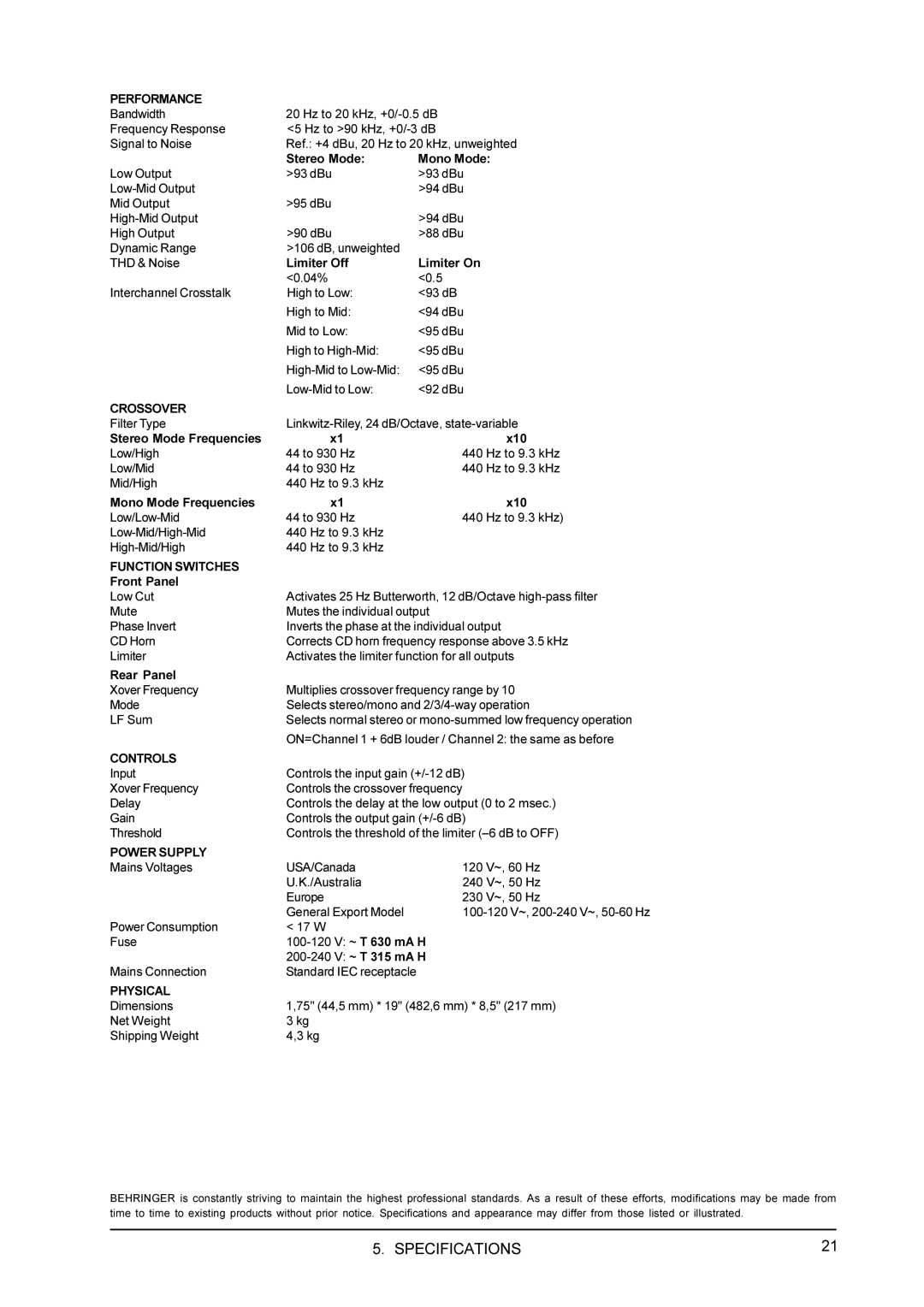 Behringer CX3400 manual Specifications 