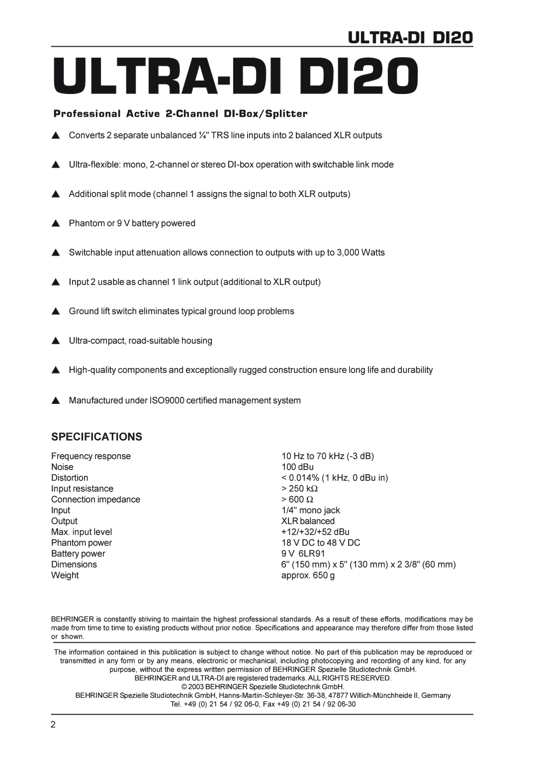 Behringer D120 technical specifications ULTRA-DI DI20, Professional Active 2-Channel DI-Box/Splitter, Specifications 