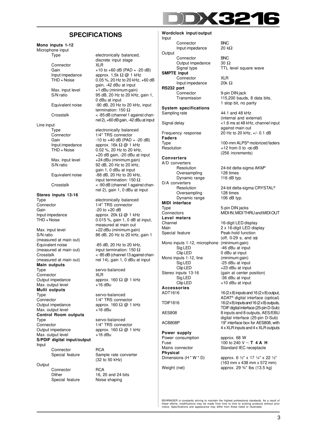 Behringer ddx3216 specifications Specifications 
