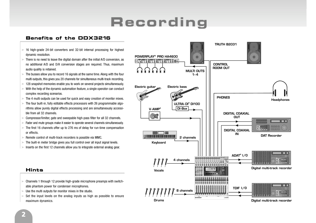 Behringer ddx3216 manual Recording, Benefits of the DDX3216, Hints 