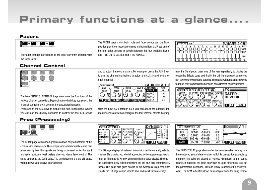 Behringer ddx3216 manual Faders, Channel Control, Proc Processing 