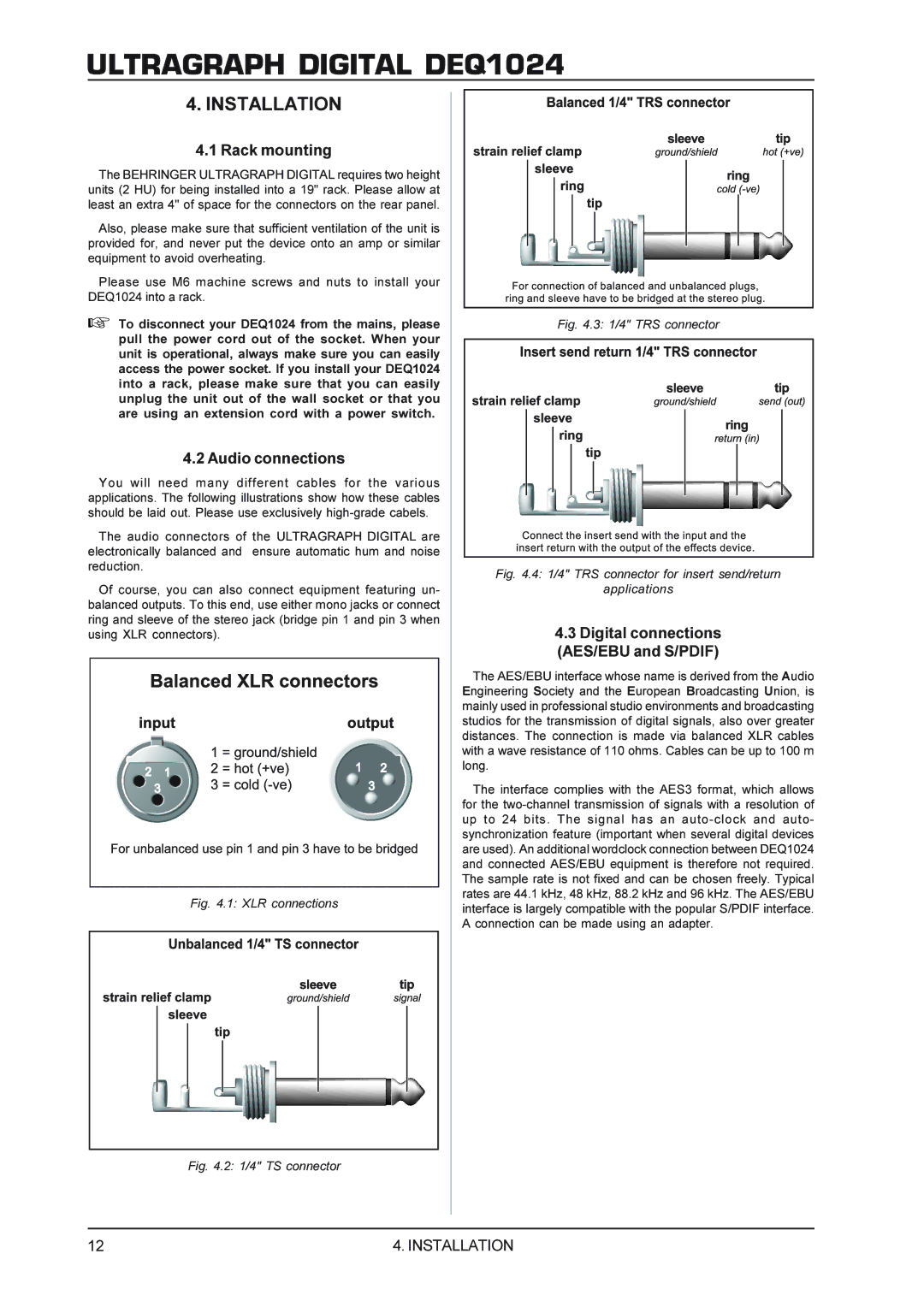 Behringer DEQ1024 manual Installation, Rack mounting, Audio connections, Digital connections AES/EBU and S/PDIF 