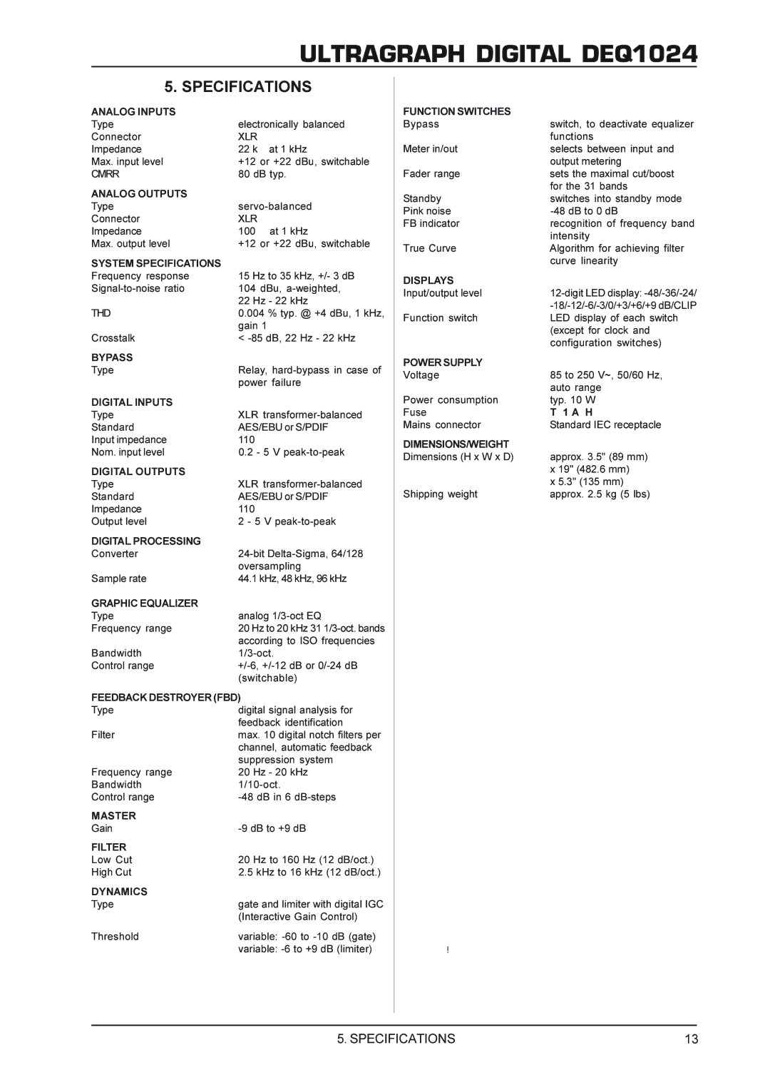 Behringer DEQ1024 manual Specifications 