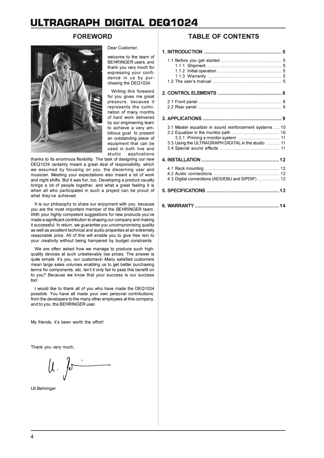 Behringer DEQ1024 manual Foreword, Table of Contents 