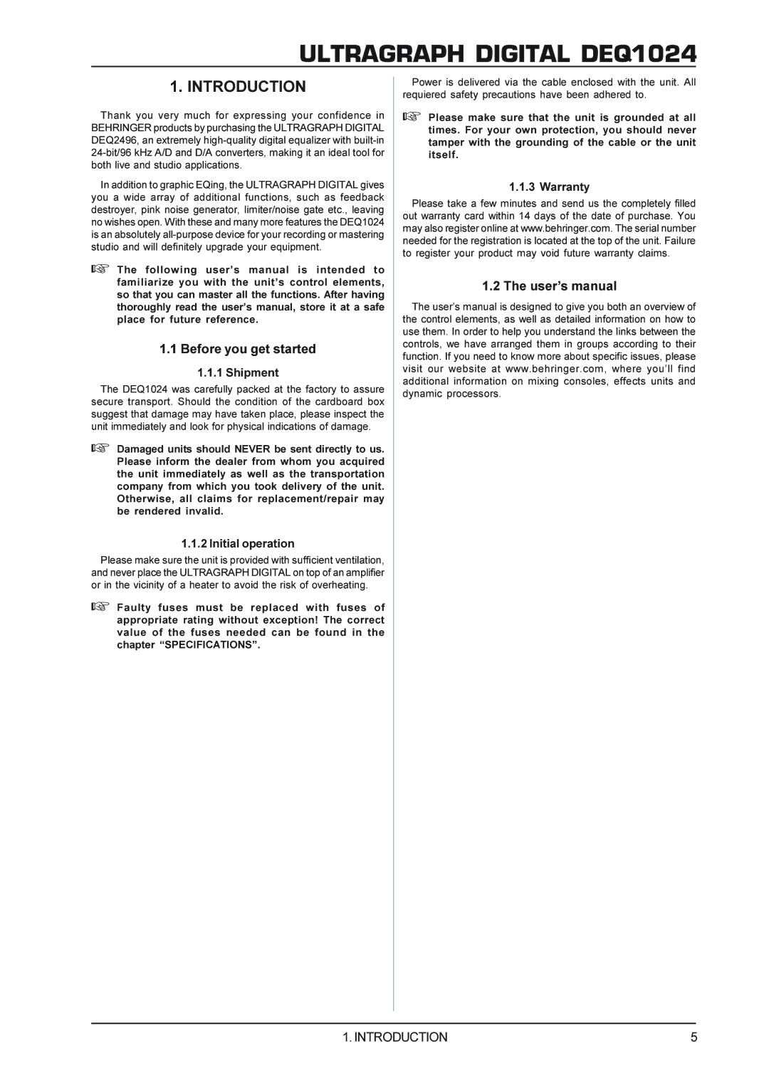 Behringer DEQ1024 Introduction, Before you get started, User’s manual 