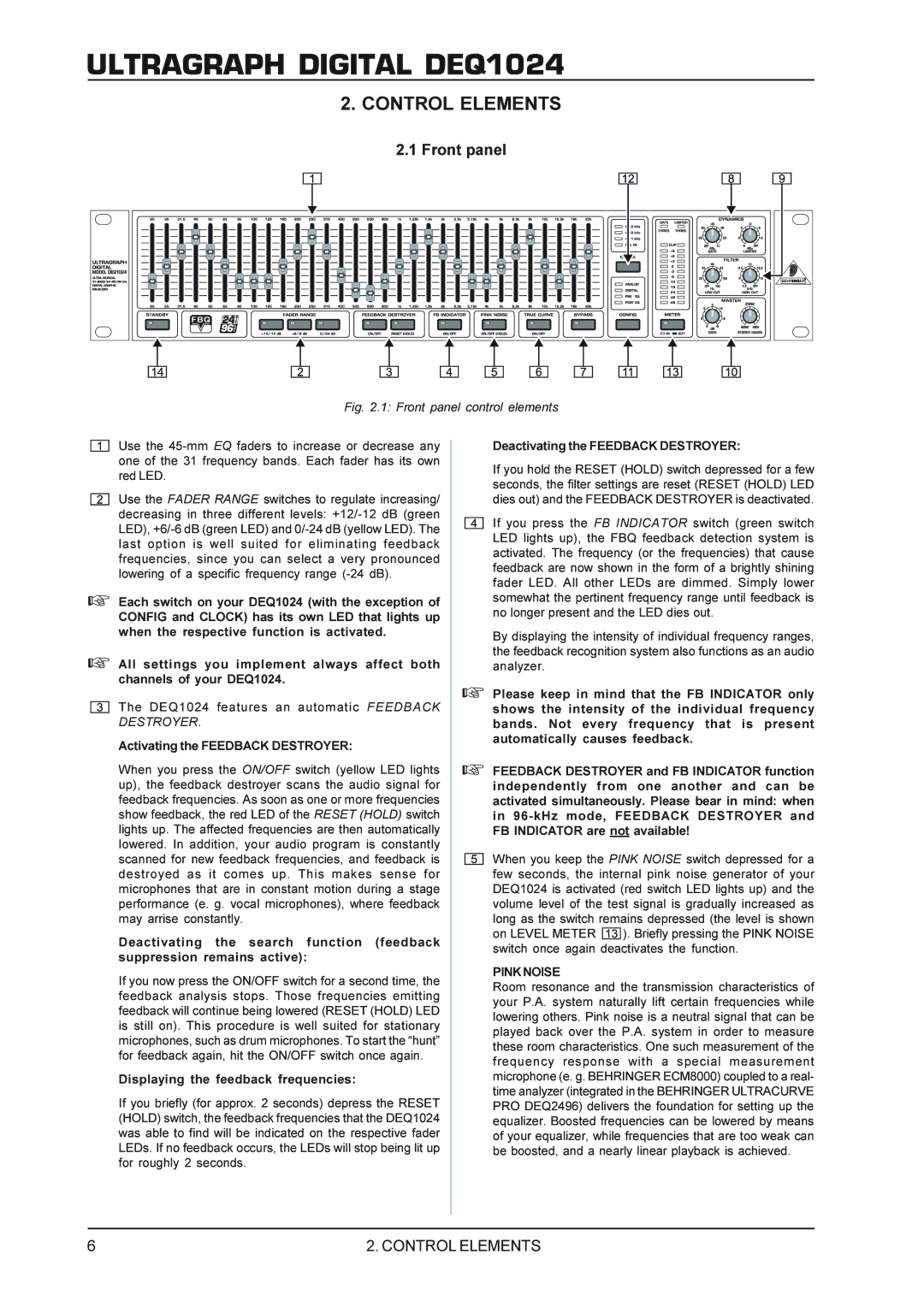 Behringer DEQ1024 manual Control Elements, Front panel, Pink Noise 