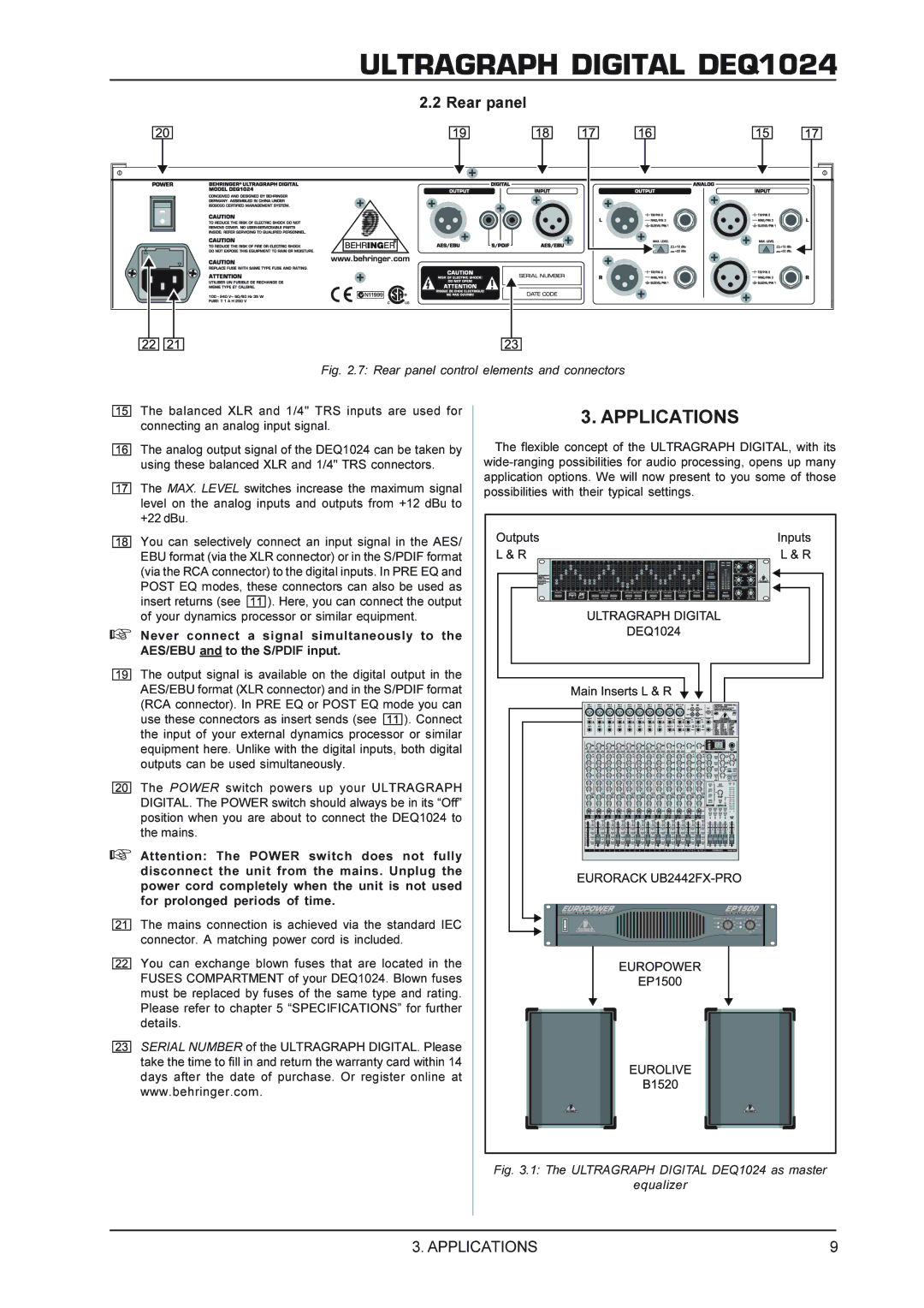 Behringer DEQ1024 manual Applications, Rear panel 