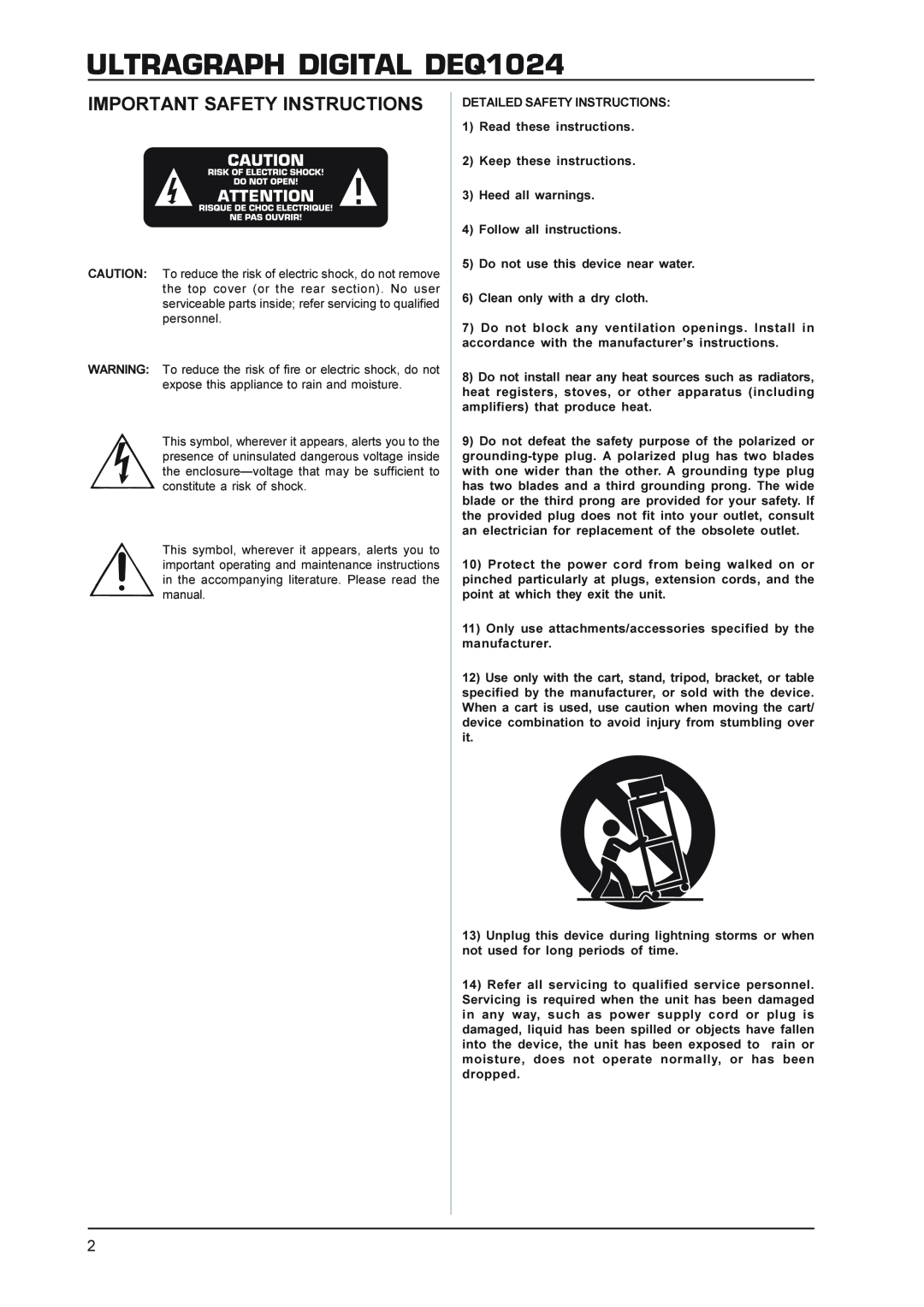 Behringer manual ULTRAGRAPH DIGITAL DEQ1024, Important Safety Instructions 