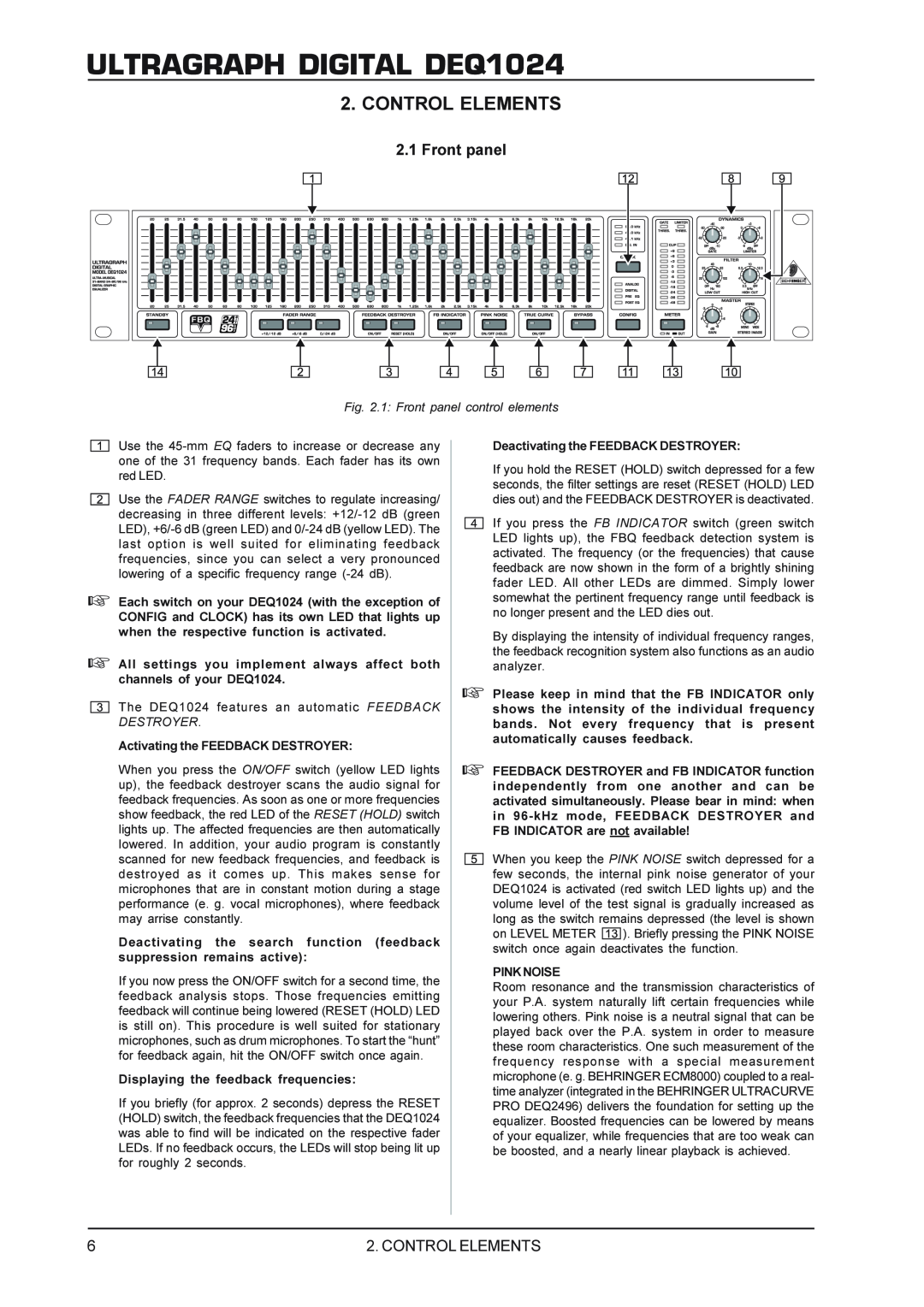 Behringer manual Control Elements, ULTRAGRAPH DIGITAL DEQ1024, 1 Front panel control elements 