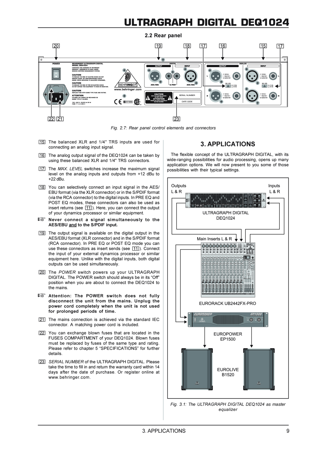 Behringer manual Applications, ULTRAGRAPH DIGITAL DEQ1024, 7 Rear panel control elements and connectors 