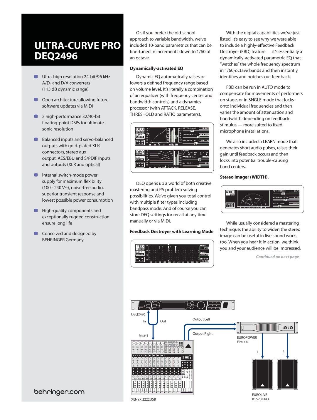 Behringer DEQ2496 manual Dynamically-activated EQ, Feedback Destroyer with Learning Mode, Stereo Imager Width 