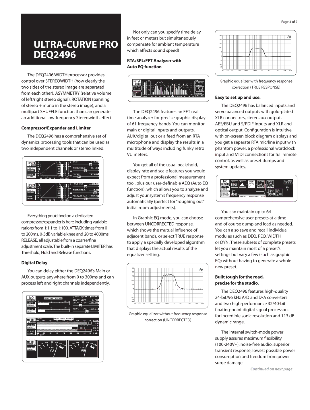 Behringer DEQ2496 manual RTA/SPL/FFT Analyzer with Auto EQ function, Compressor/Expander and Limiter, Digital Delay 