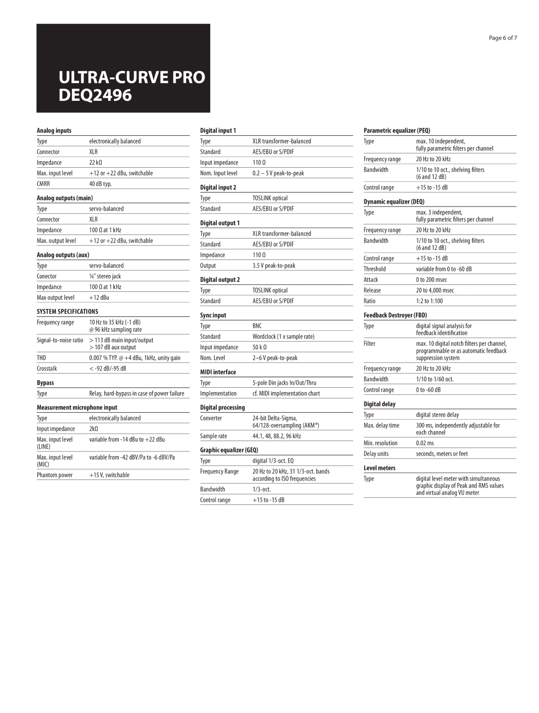 Behringer DEQ2496 Analog inputs, Analog outputs main, Bypass, Measurement microphone input, Digital input, Sync input 