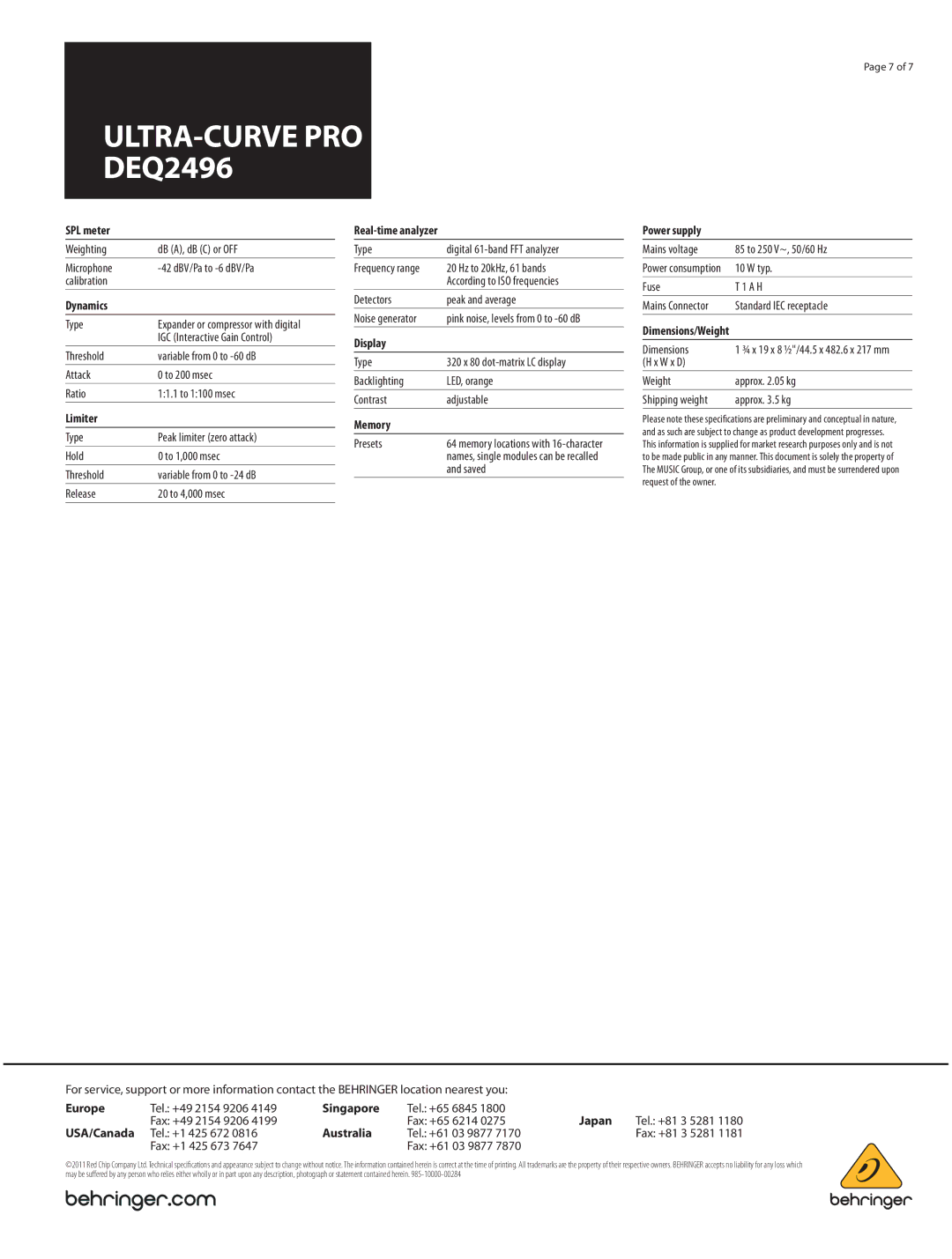 Behringer DEQ2496 manual SPL meter, Dynamics, Limiter, Real-time analyzer, Display, Memory, Power supply, Europe, Singapore 