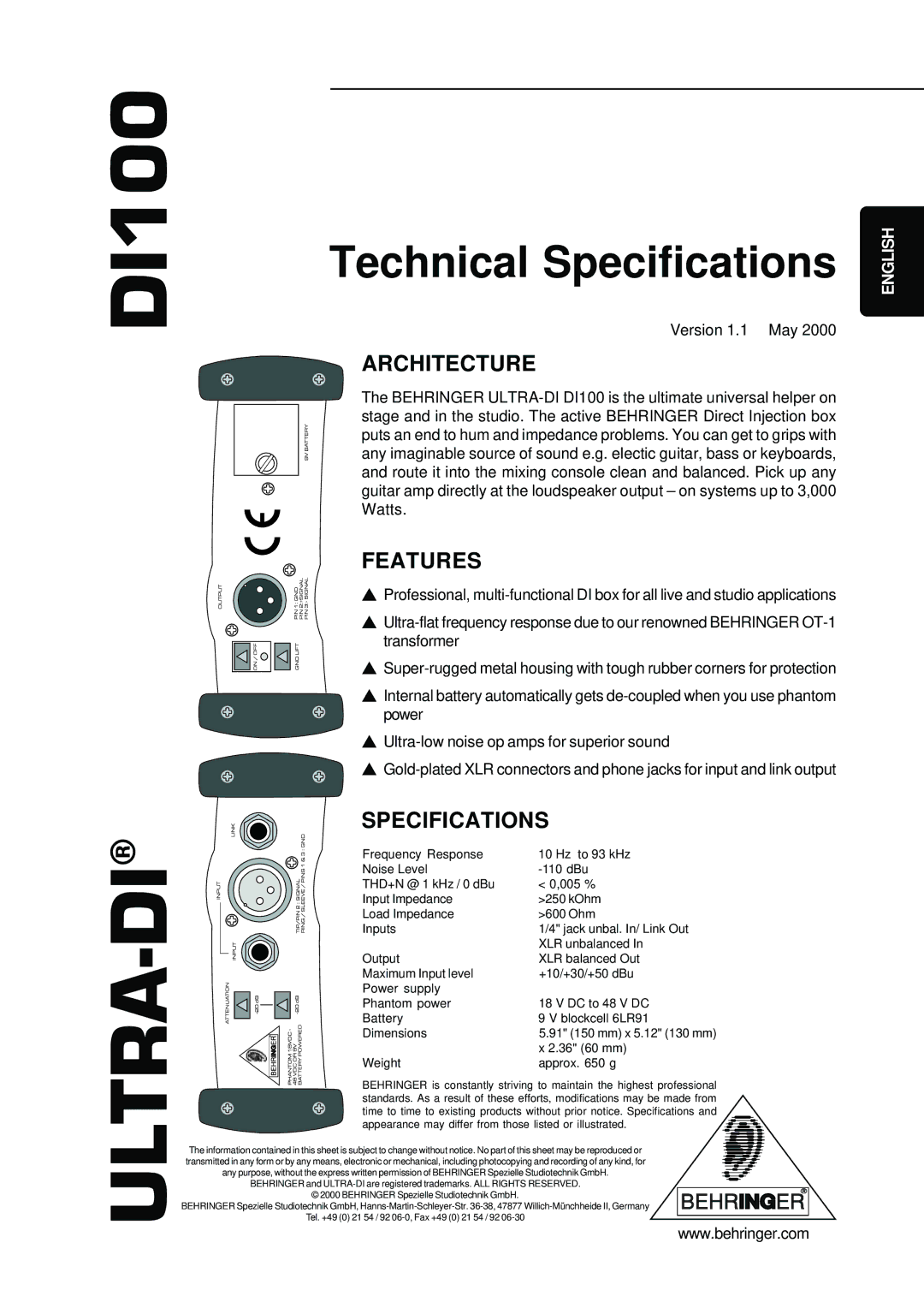 Behringer DI100 technical specifications Technical Specifications, Architecture, Features 