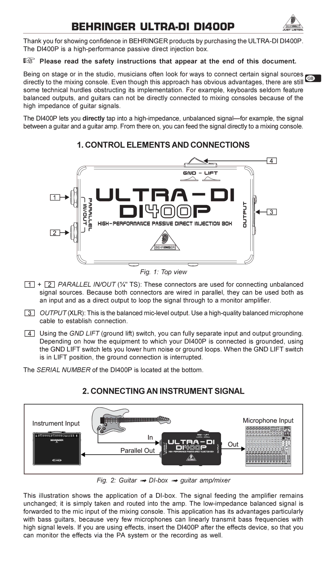 Behringer manual Behringer ULTRA-DI DI400P, Control Elements and Connections, Connecting AN Instrument Signal 