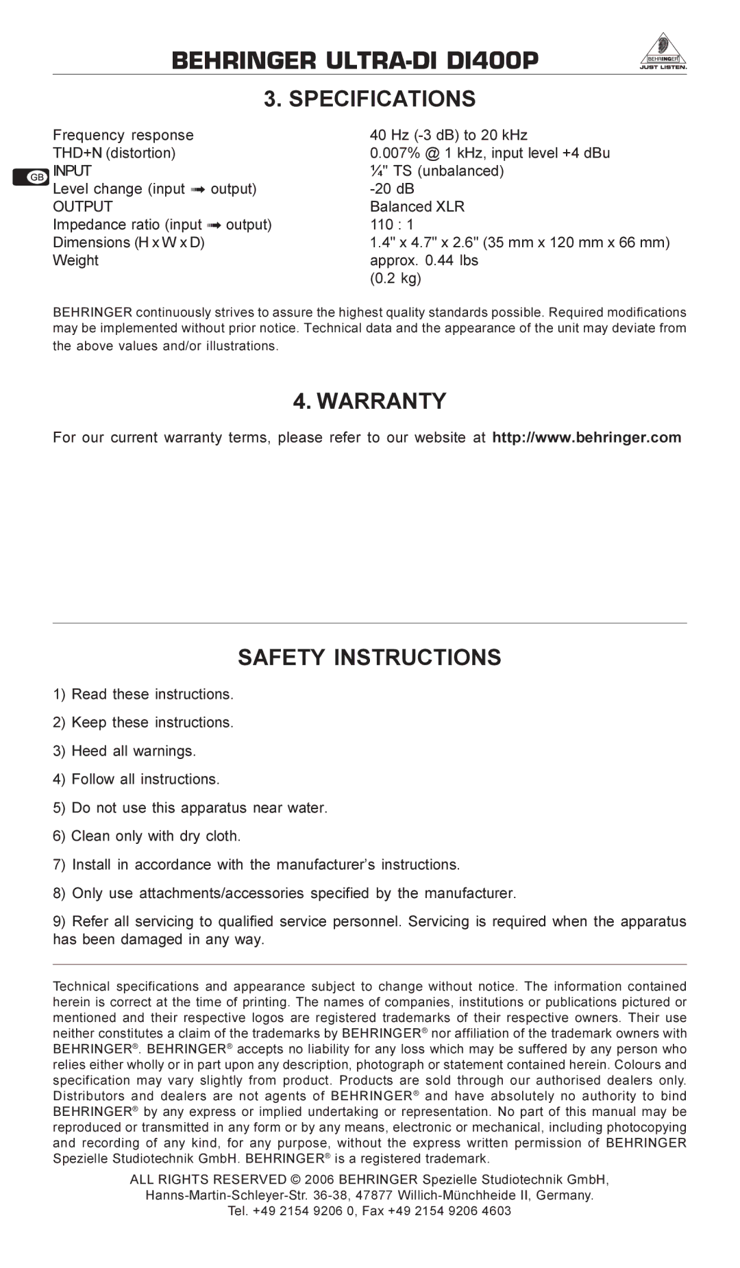 Behringer DI400P manual Specifications, Warranty Safety Instructions, Input, Output 