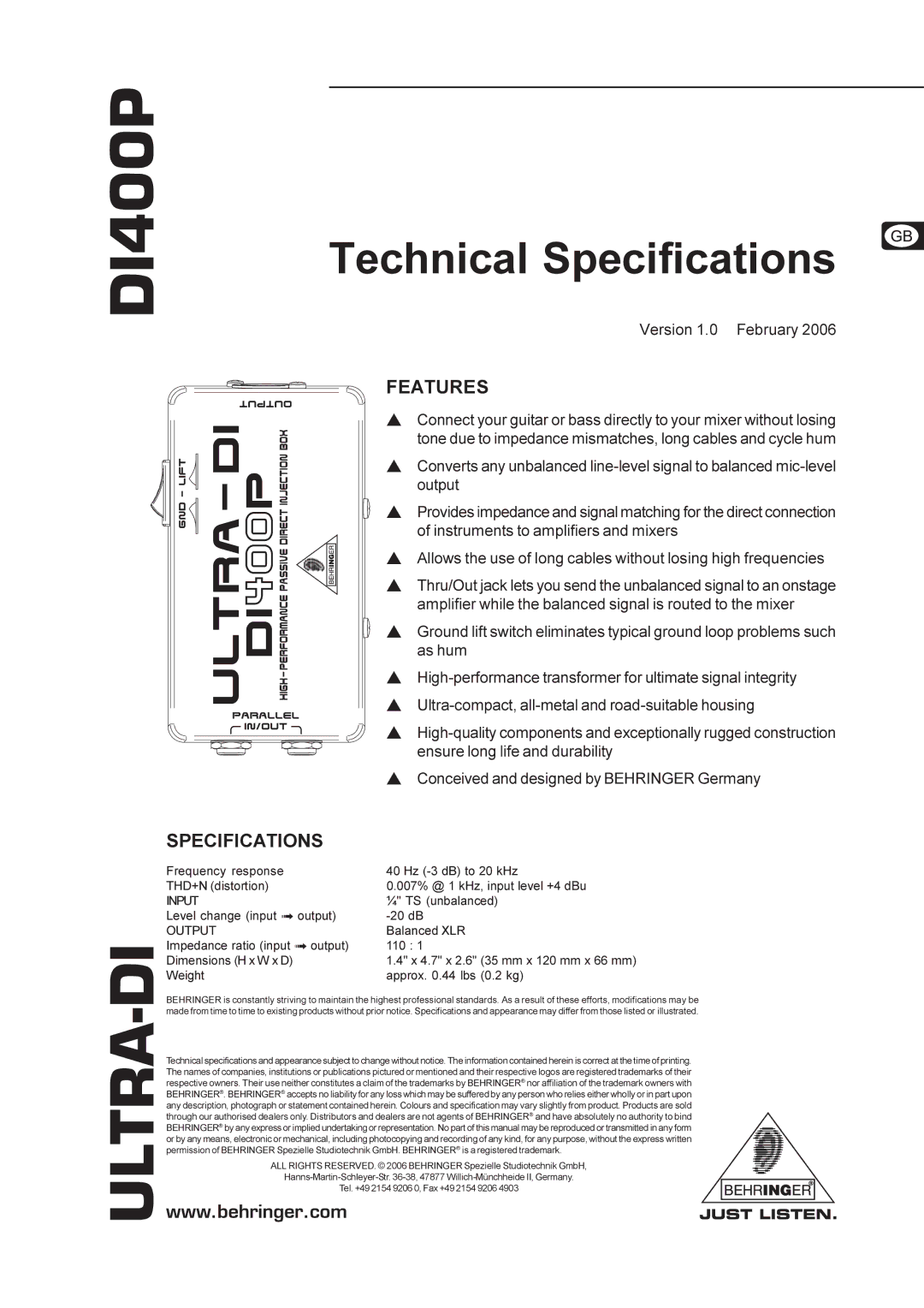 Behringer DI400P technical specifications Ultra-Di, Technical Specifications, Features 