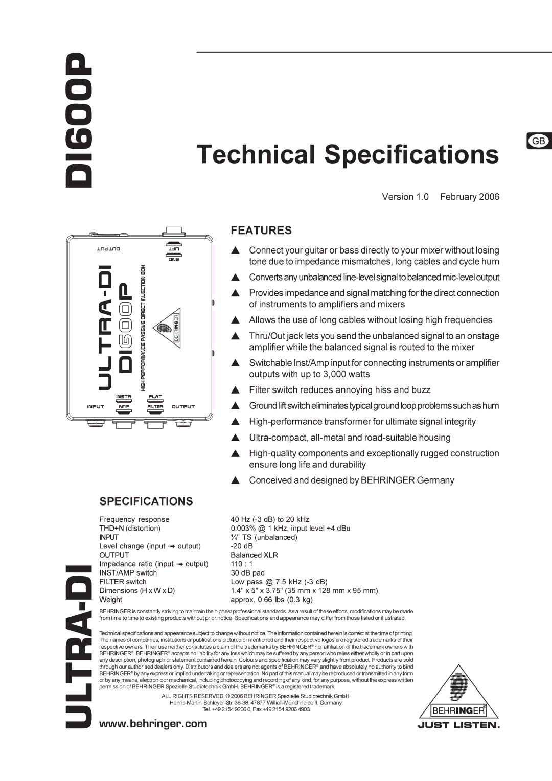 Behringer DI600P technical specifications Ultra-Di, Technical Specifications, Features 