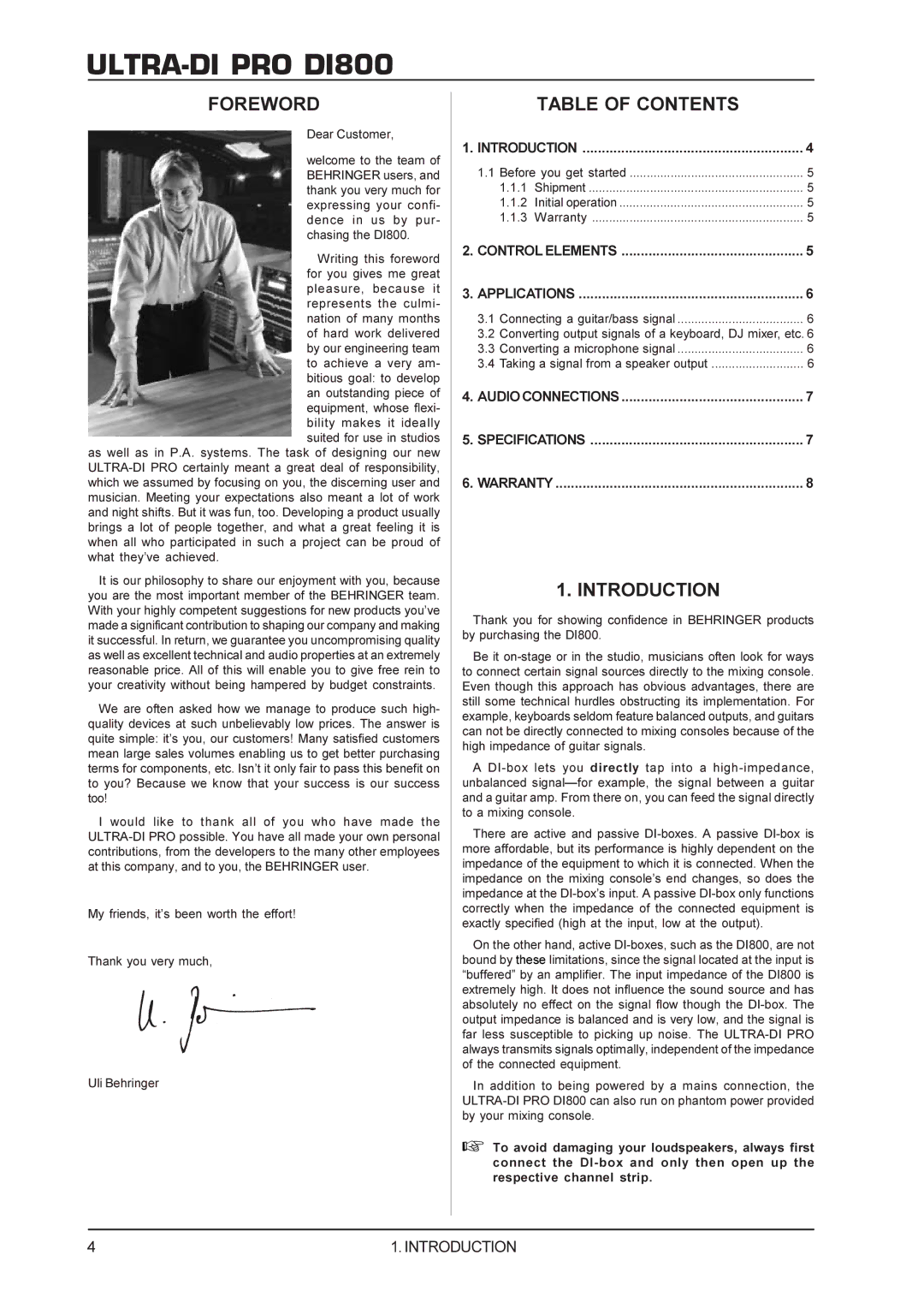 Behringer DI800, Ultra-Di Pro (8-channel Direct Injection box) manual Foreword, Table of Contents, Introduction 