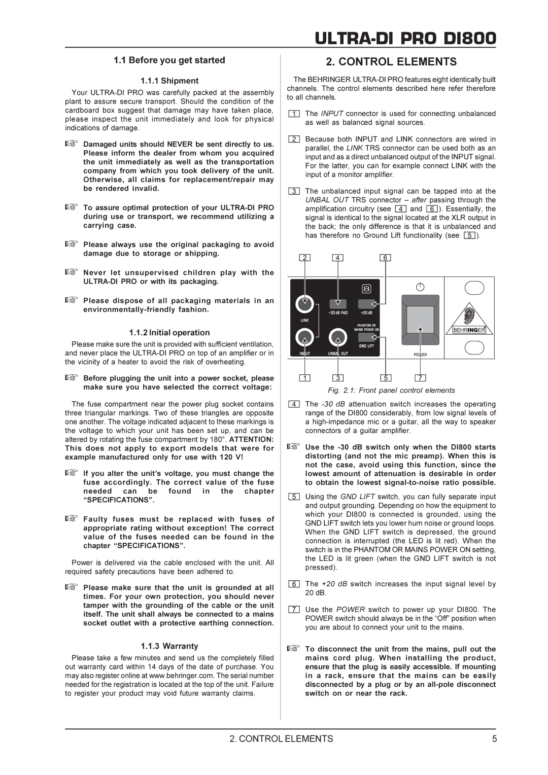 Behringer Ultra-Di Pro (8-channel Direct Injection box), DI800 Control Elements, Before you get started, Specifications 