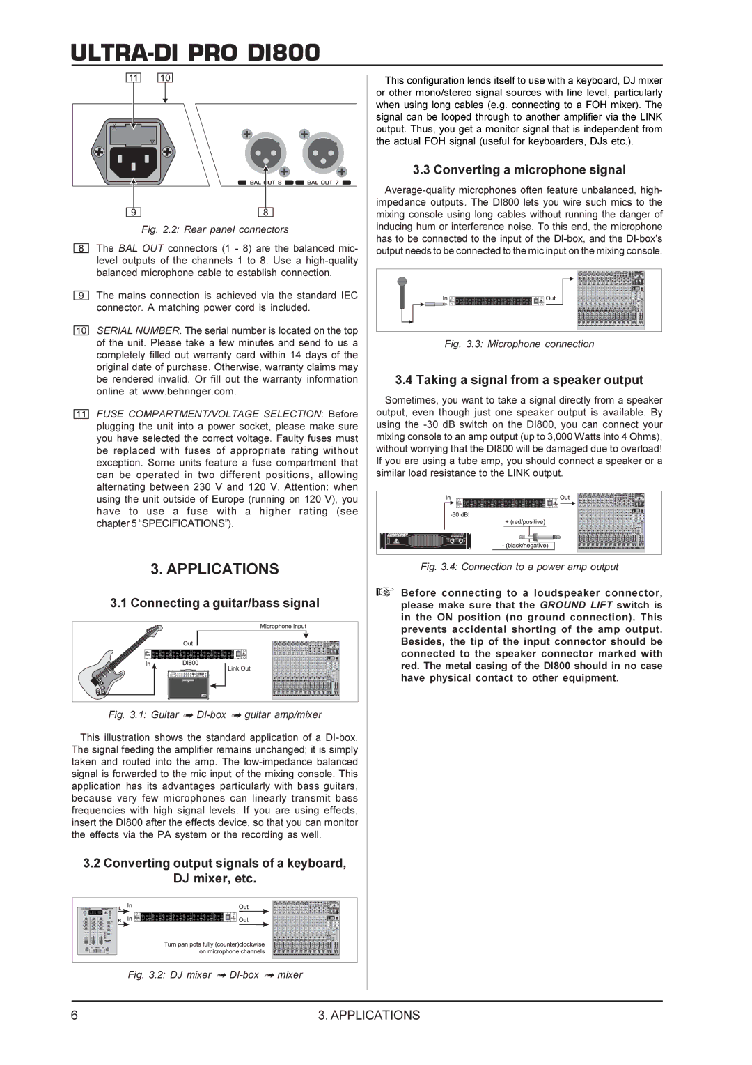 Behringer DI800 Applications, Connecting a guitar/bass signal, Converting output signals of a keyboard, DJ mixer, etc 