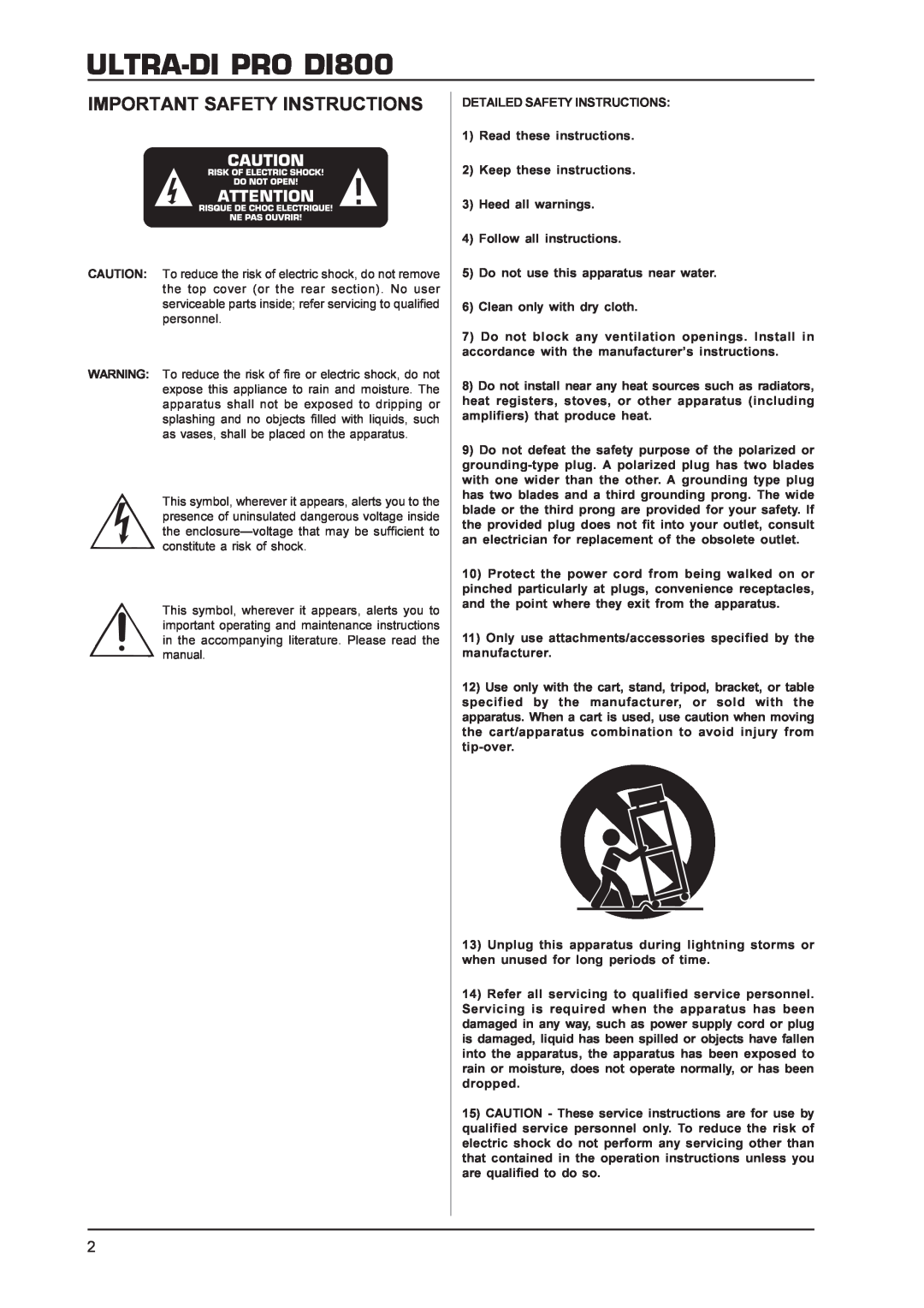Behringer Ultra-Di Pro (8-channel Direct Injection box) manual ULTRA-DIPRO DI800, Important Safety Instructions 