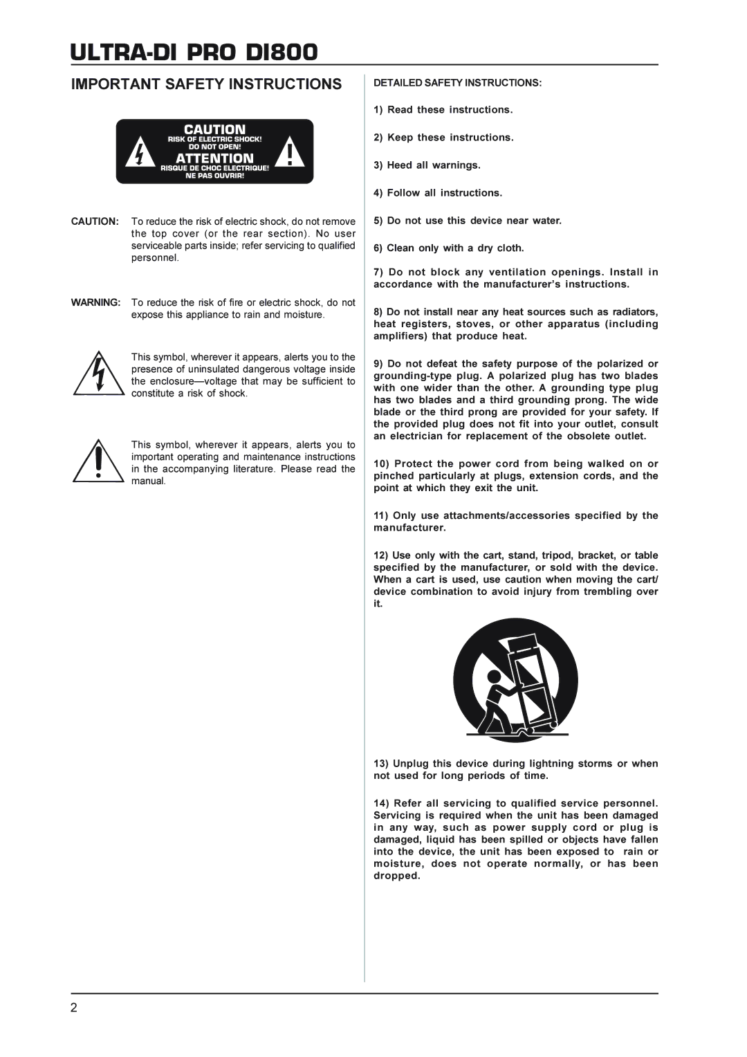 Behringer DI800 manual Important Safety Instructions, Detailed Safety Instructions 