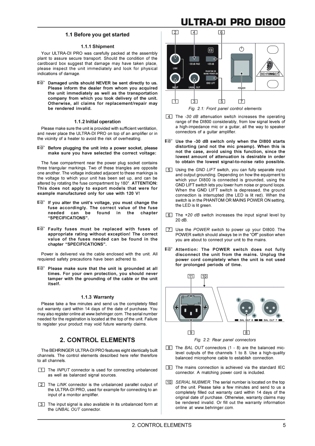 Behringer DI800 manual Control Elements, Before you get started, Specifications 