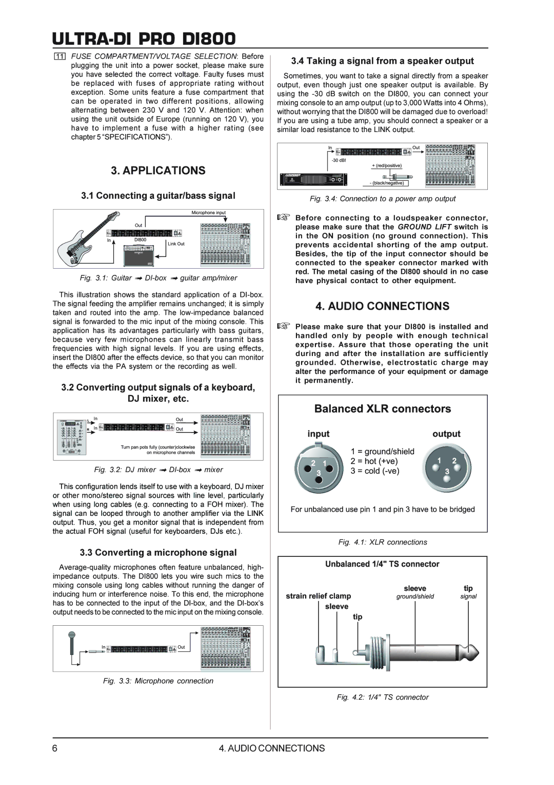 Behringer DI800 manual Applications, Audio Connections 