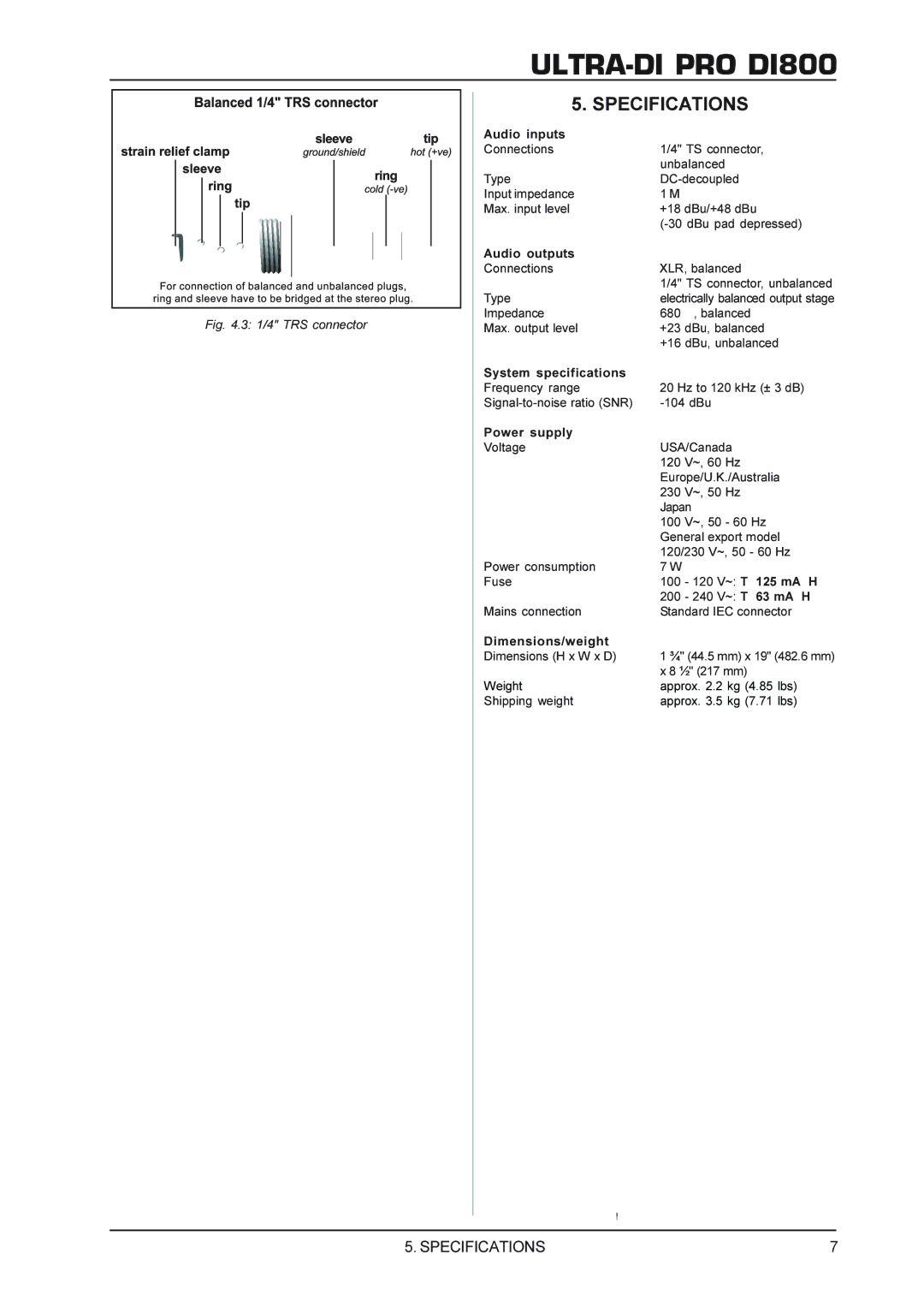 Behringer DI800 manual Specifications, 1/4 TRS connector 