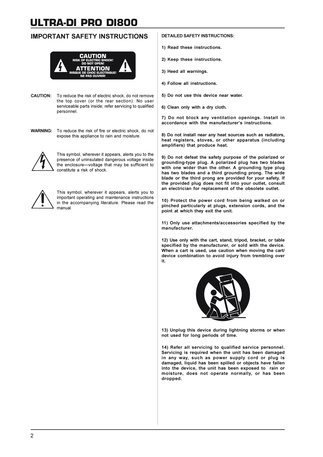 Behringer manual ULTRA-DIPRO DI800, Important Safety Instructions 